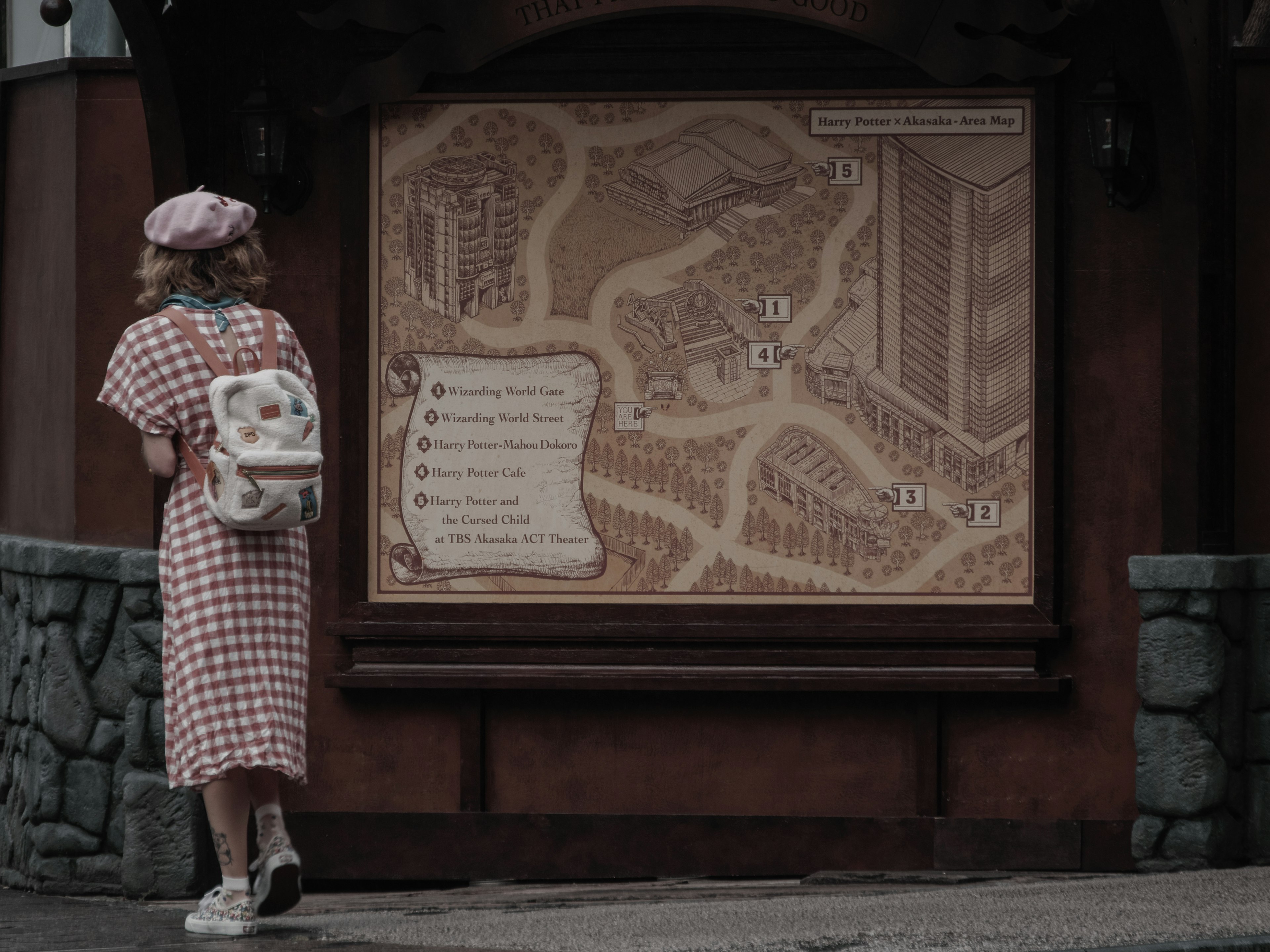 Una ragazza in piedi davanti a una mappa che indossa un vestito a scacchi rosso e bianco la mappa mostra vari luoghi d'interesse