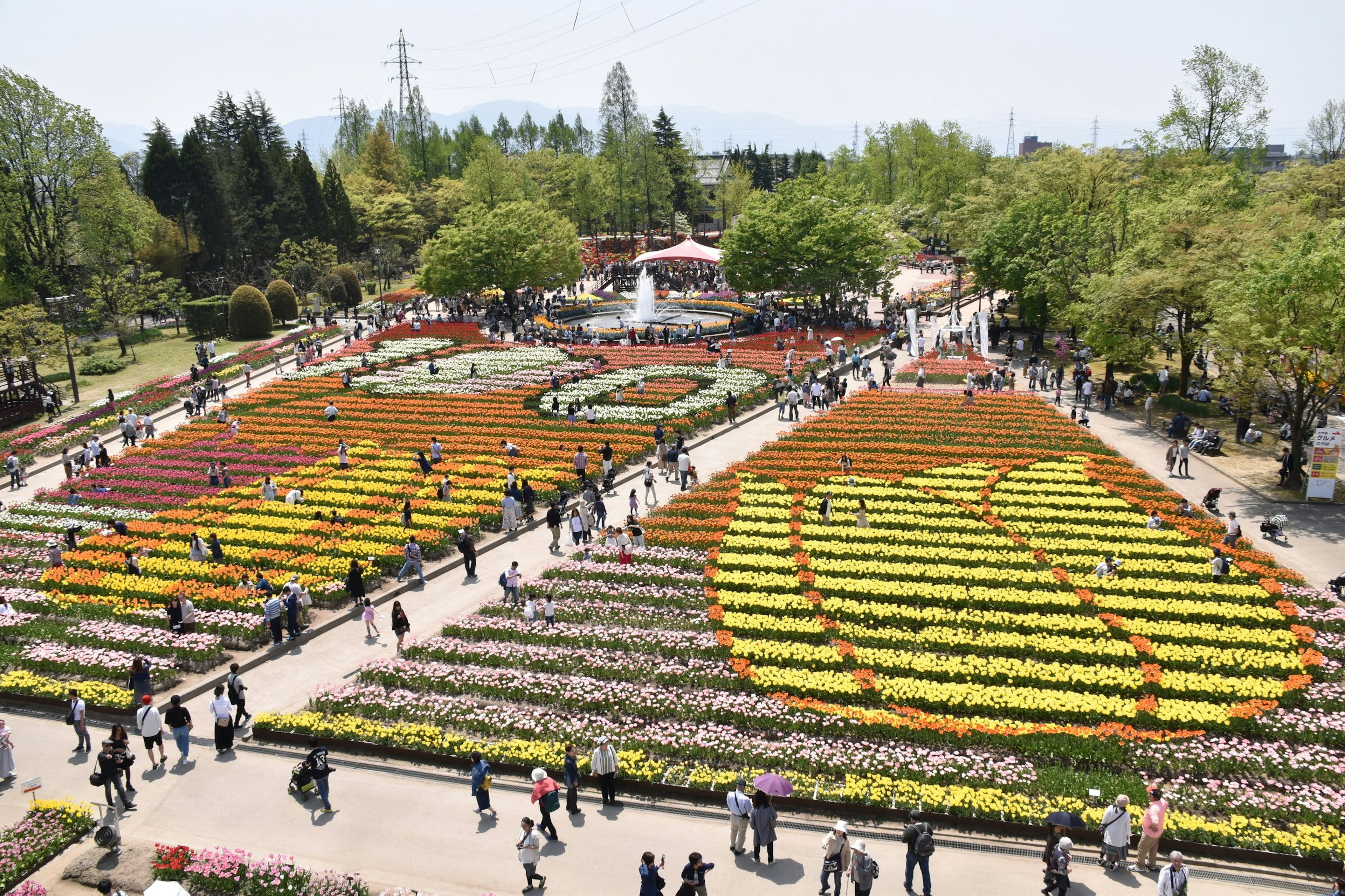 A vibrant park scene with colorful flower arrangements and people walking