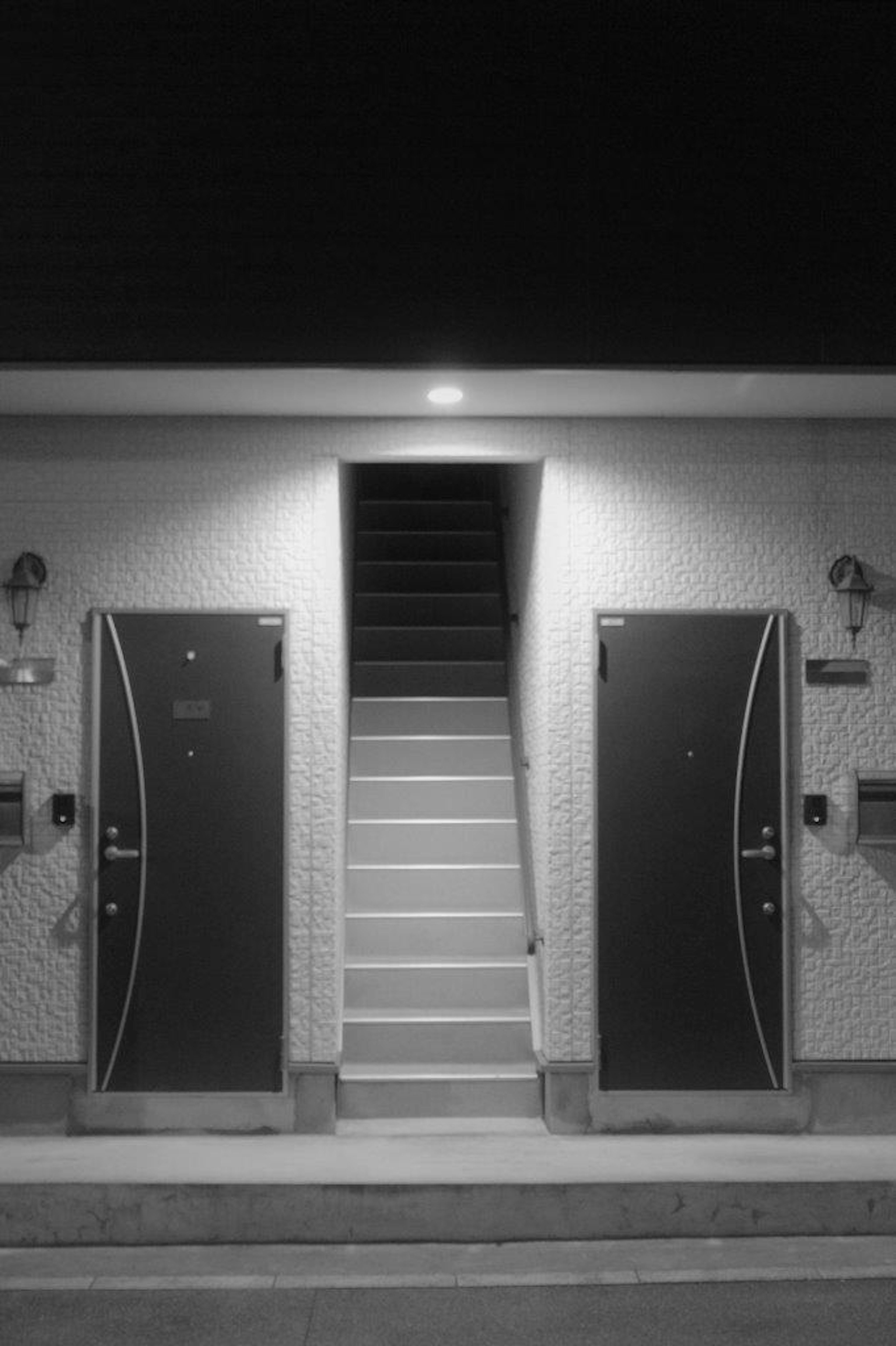 Black and white image of two doors and a staircase