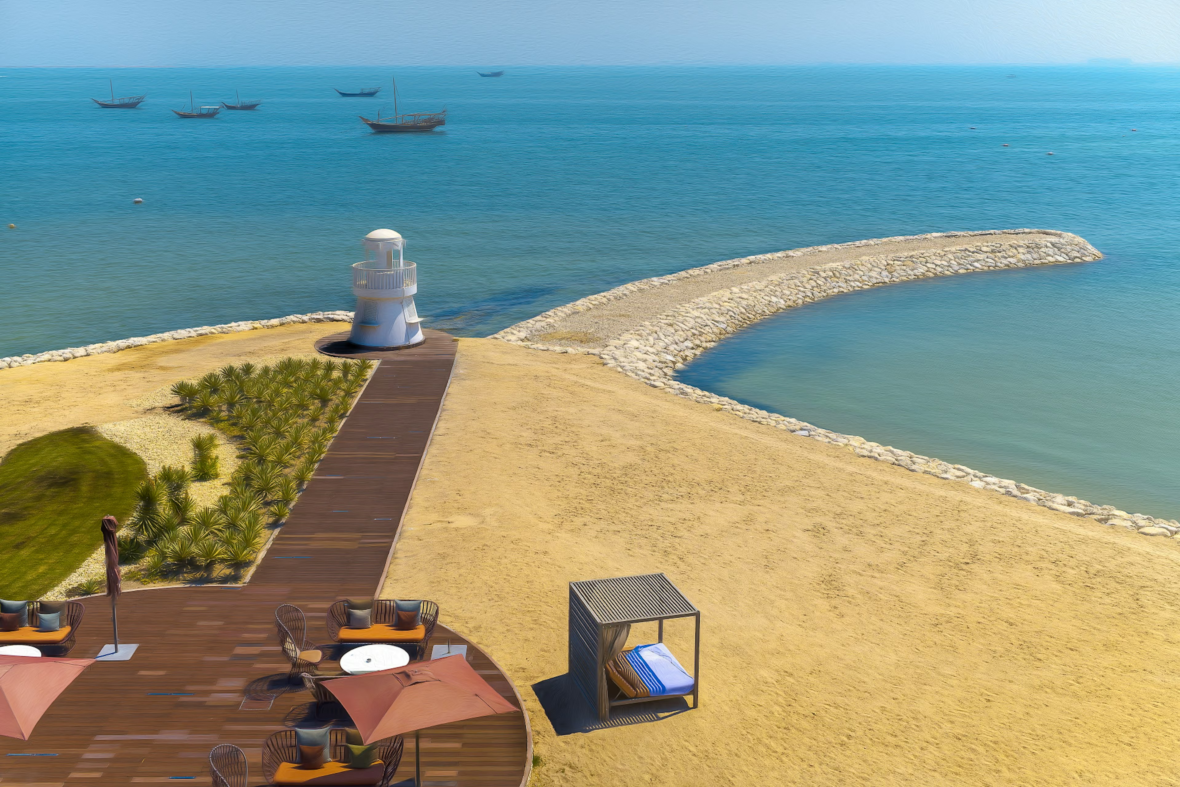 Vista escénica de un resort de playa con mar tranquilo y playa de arena