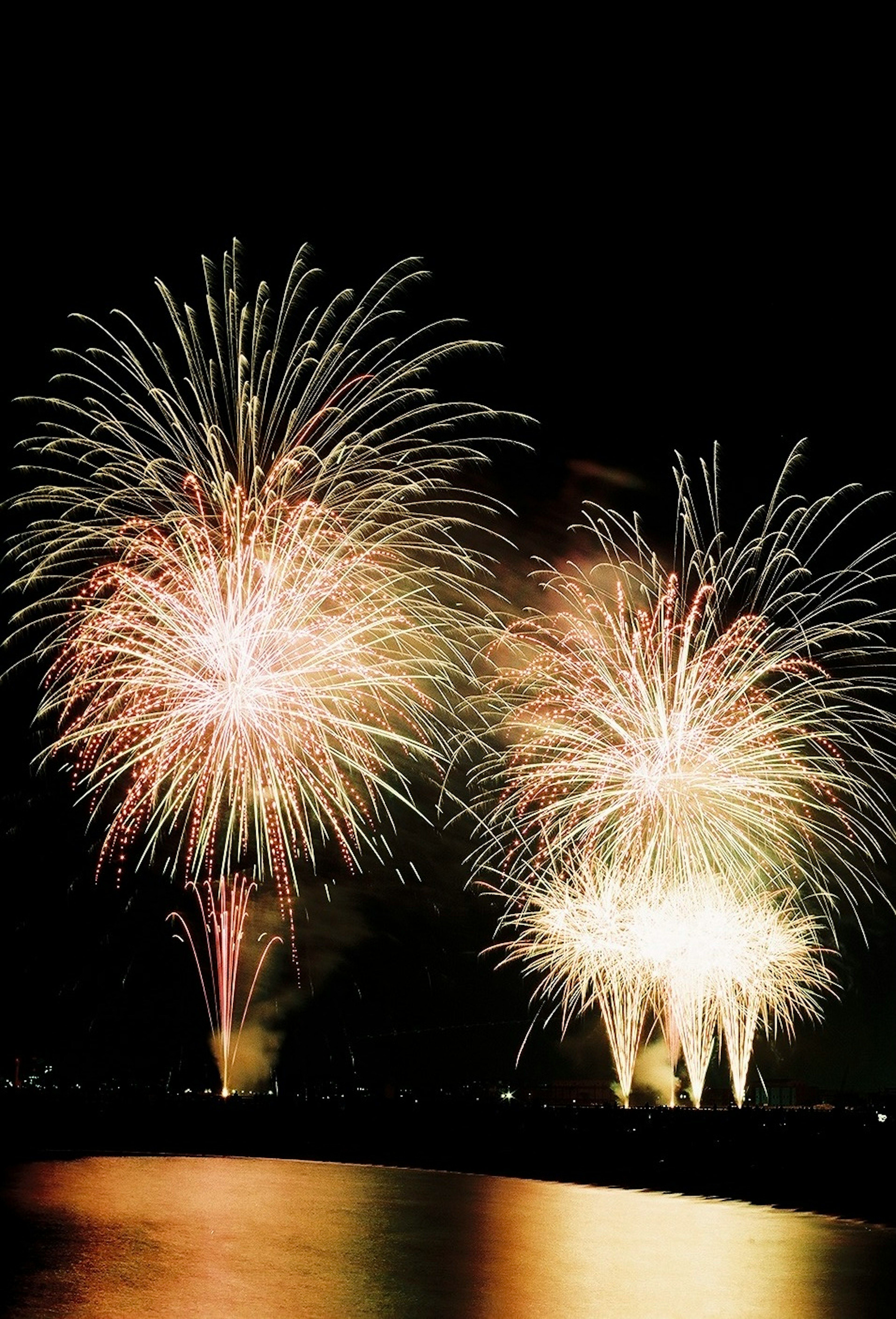 夜空に輝く花火が打ち上げられている美しい光景