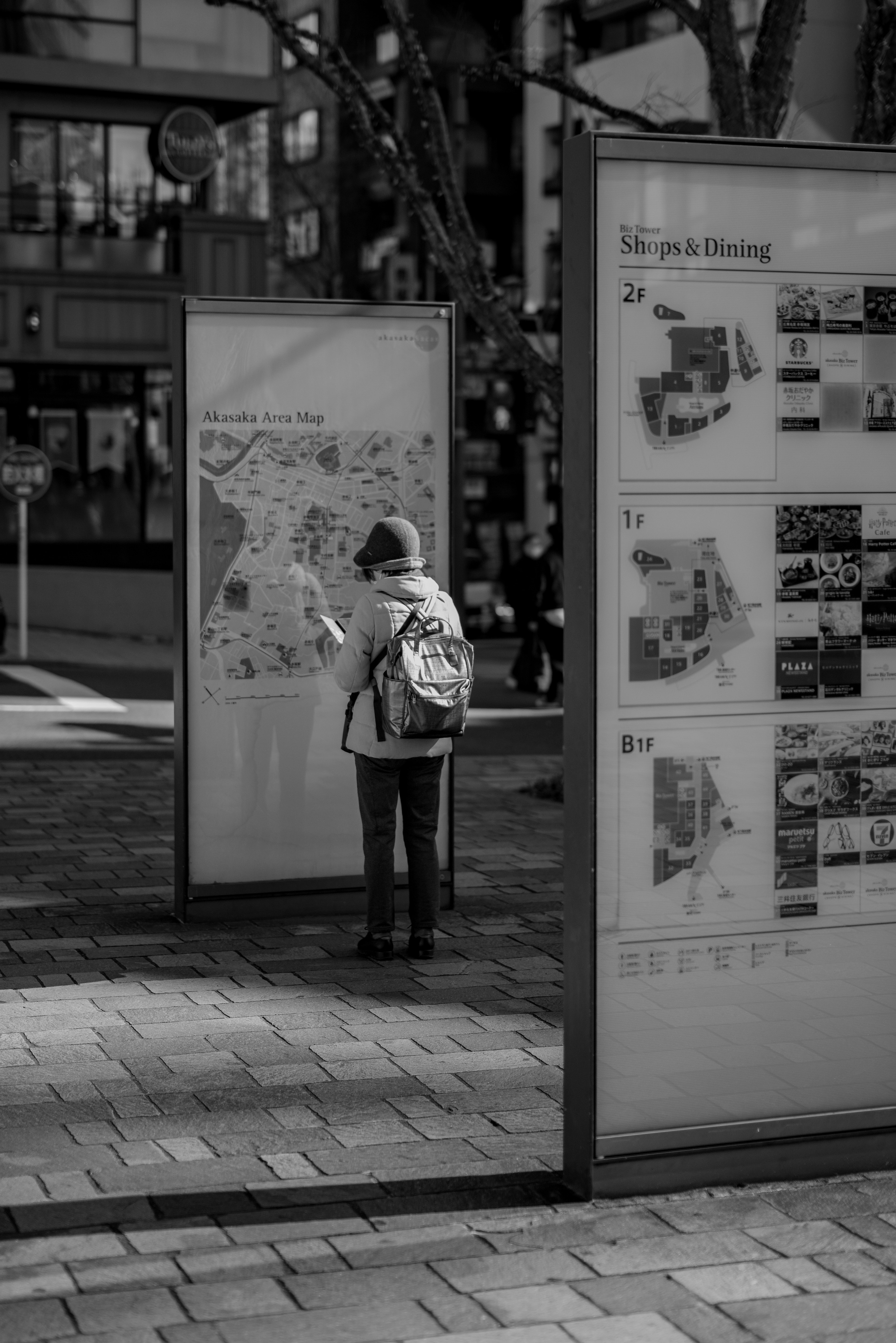 A person looking at a map with informational panels in an urban setting