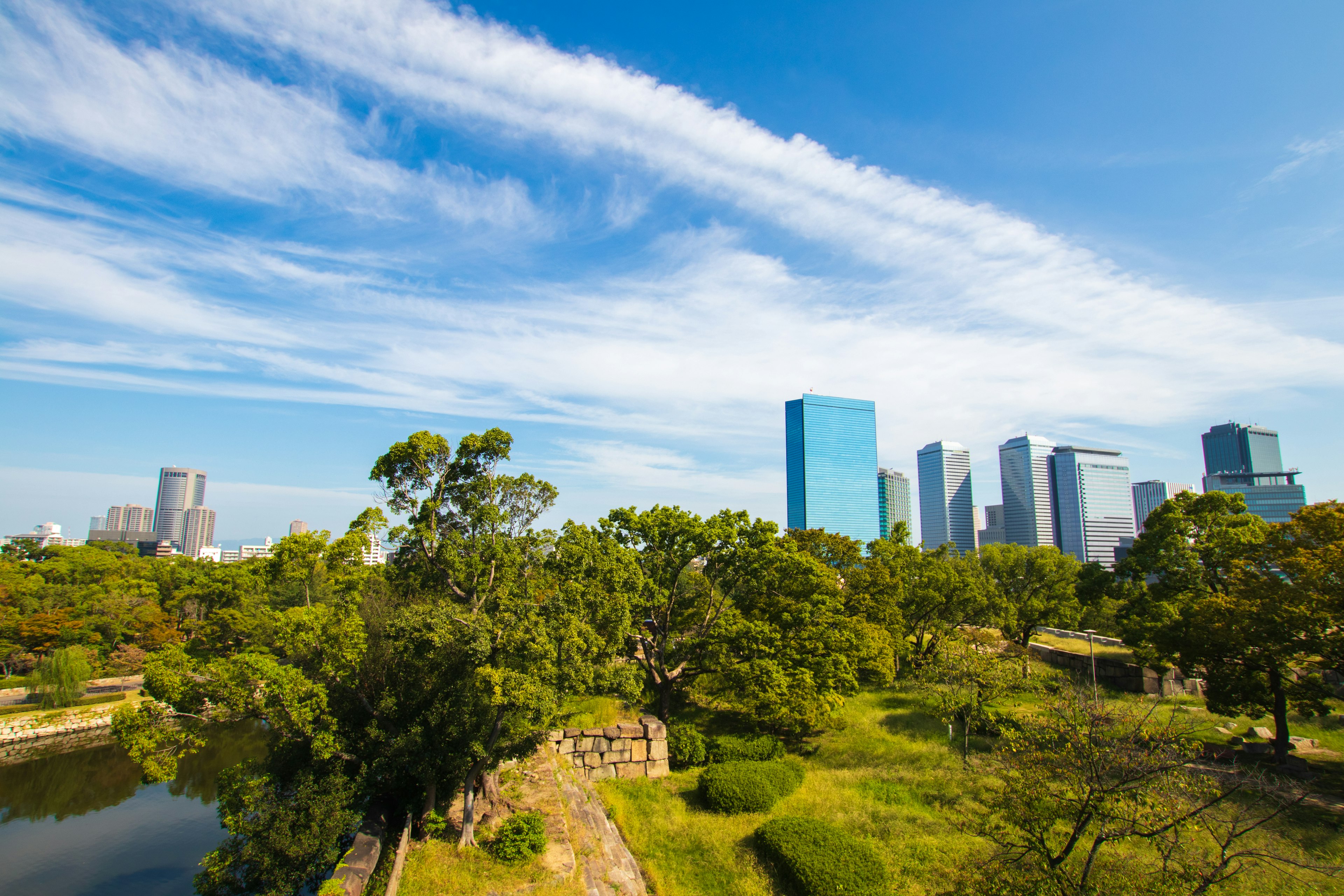 Stadtansicht mit modernen Gebäuden und grünem Park unter blauem Himmel mit weißen Wolken