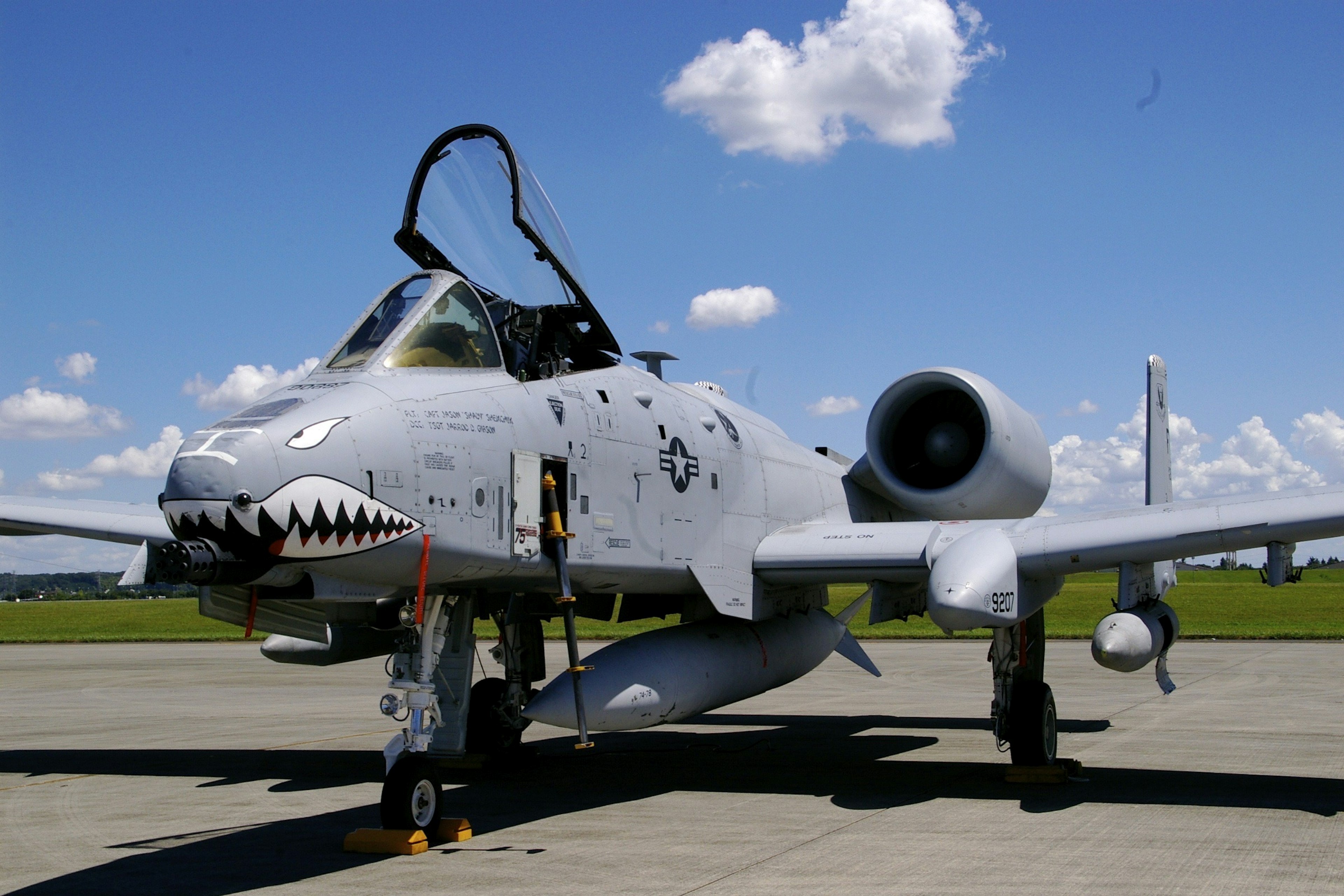 Military aircraft A-10 Thunderbolt II parked on the runway