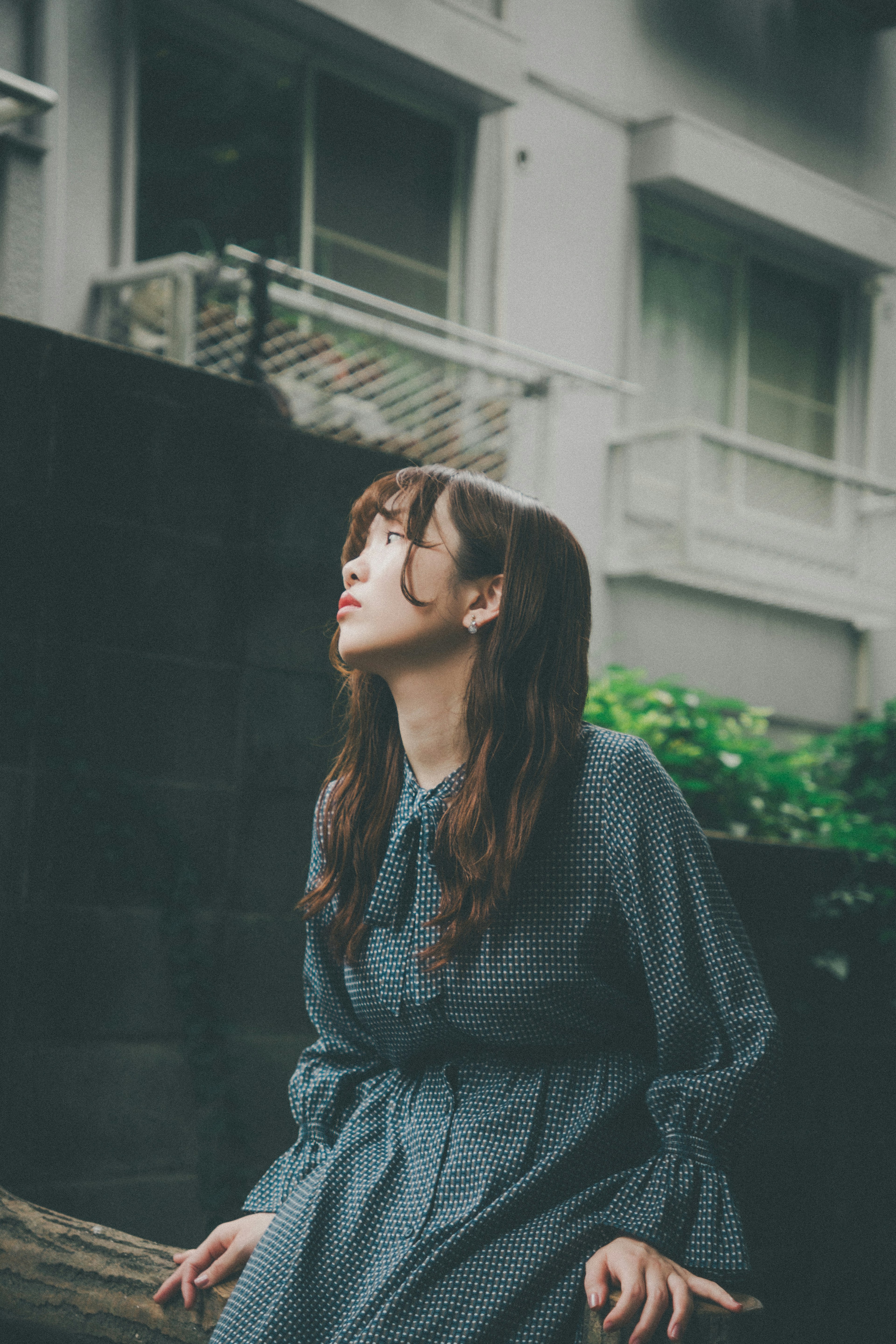 屋外で空を見上げる女性の写真 明るい緑の背景と灰色の服装