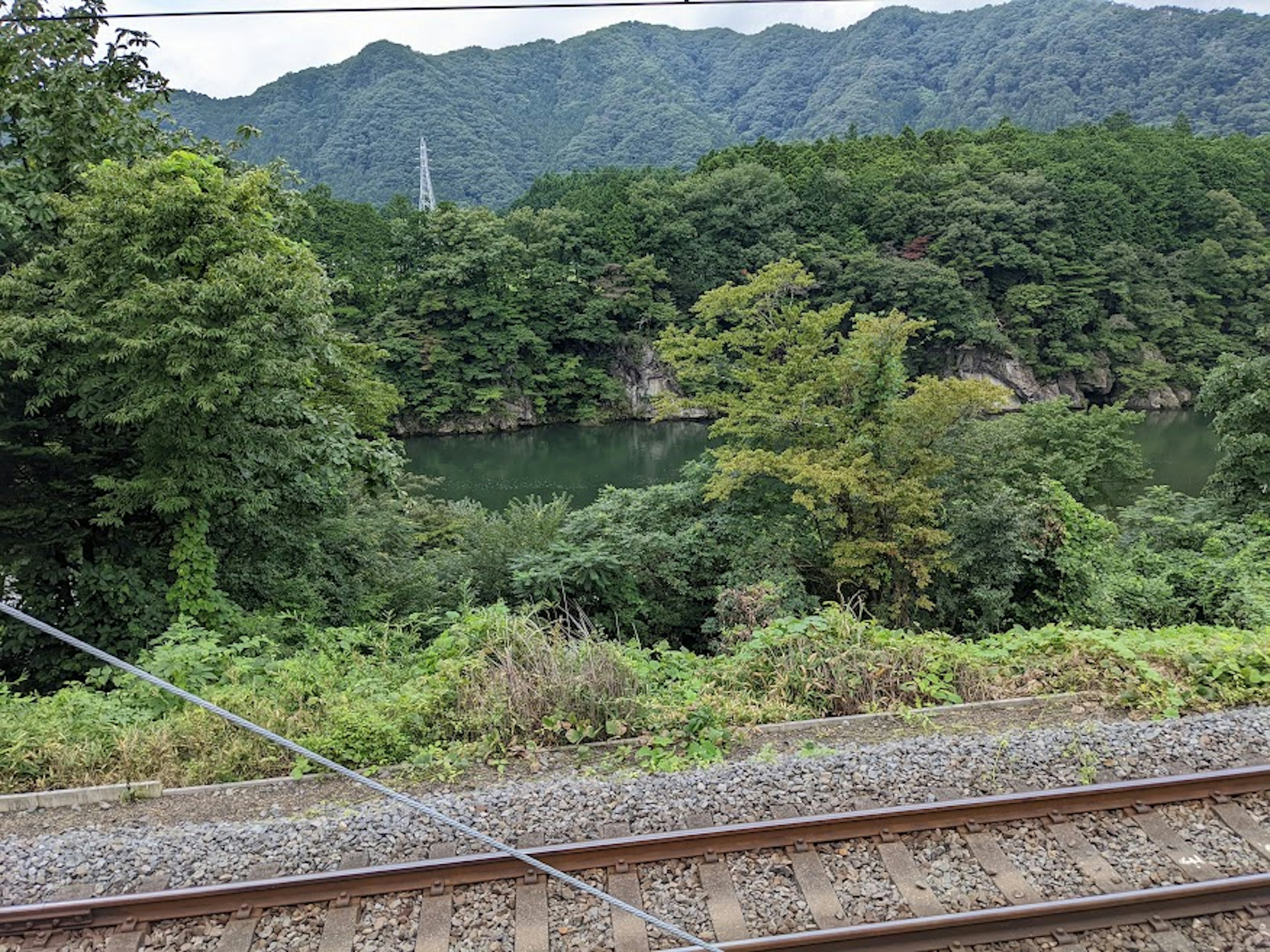 Vista escénica de montañas exuberantes y un río junto a las vías del tren