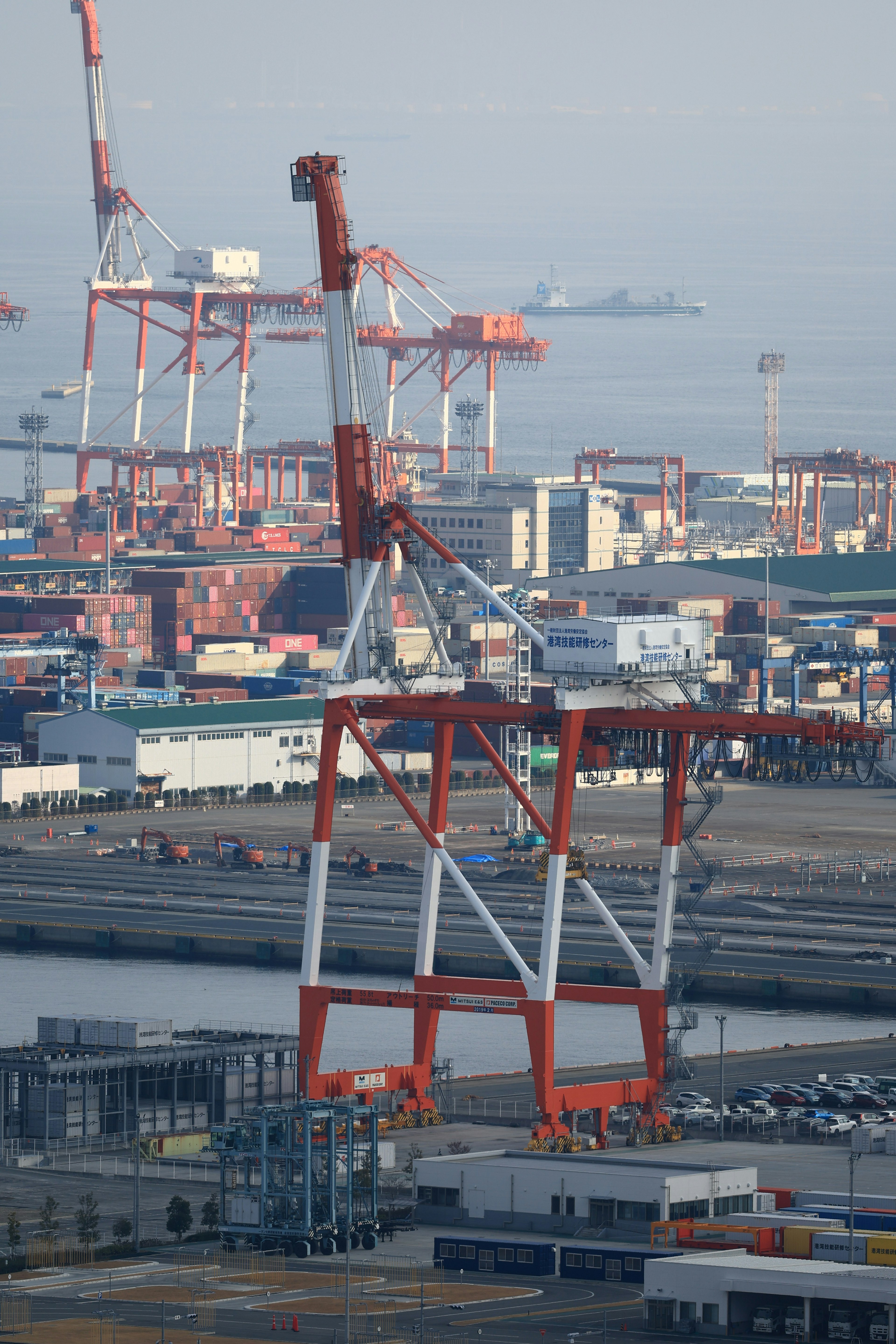 Rote und weiße Kräne in einem Hafen mit umliegenden Containern