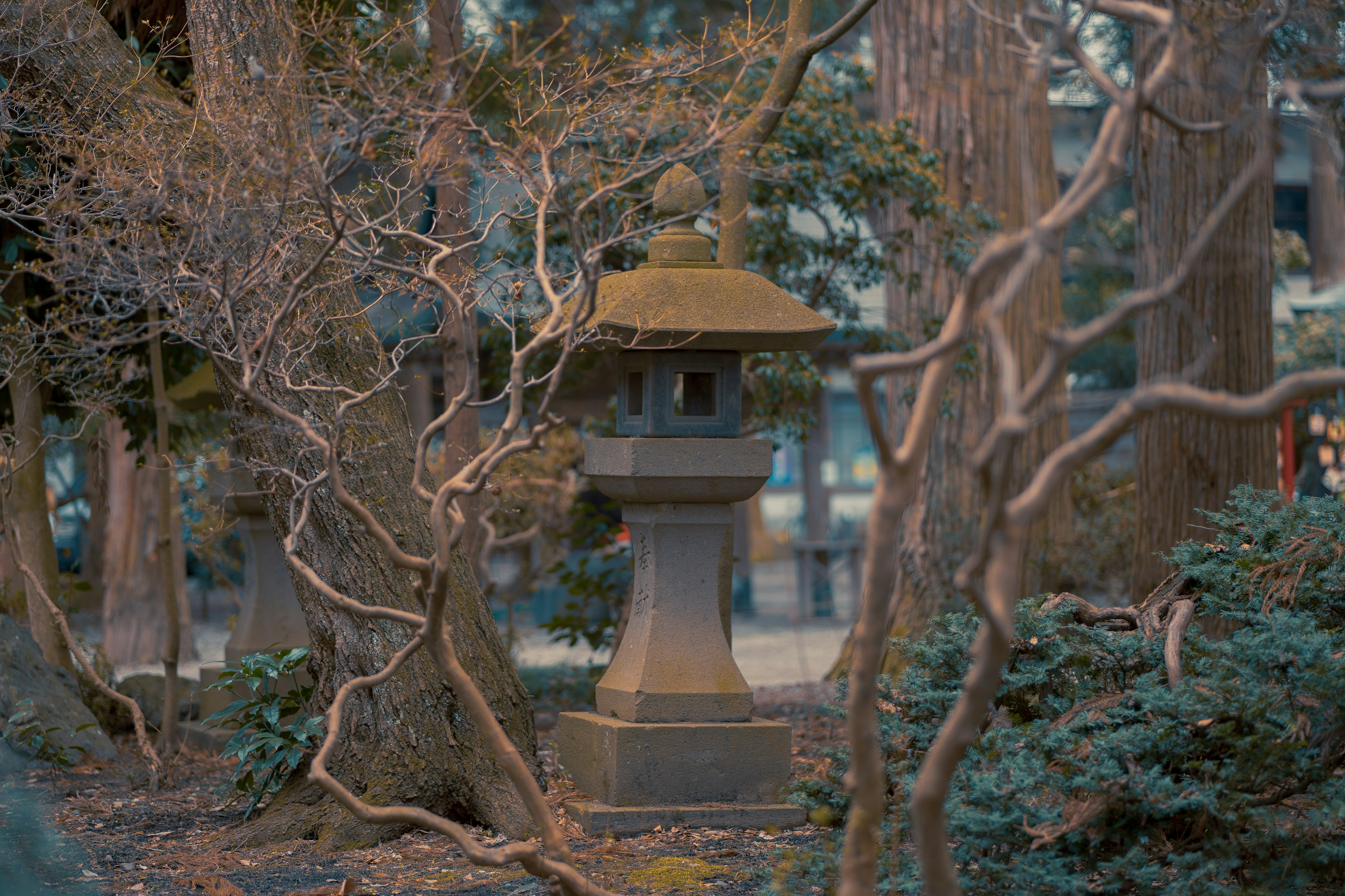 A serene garden scene featuring a stone lantern