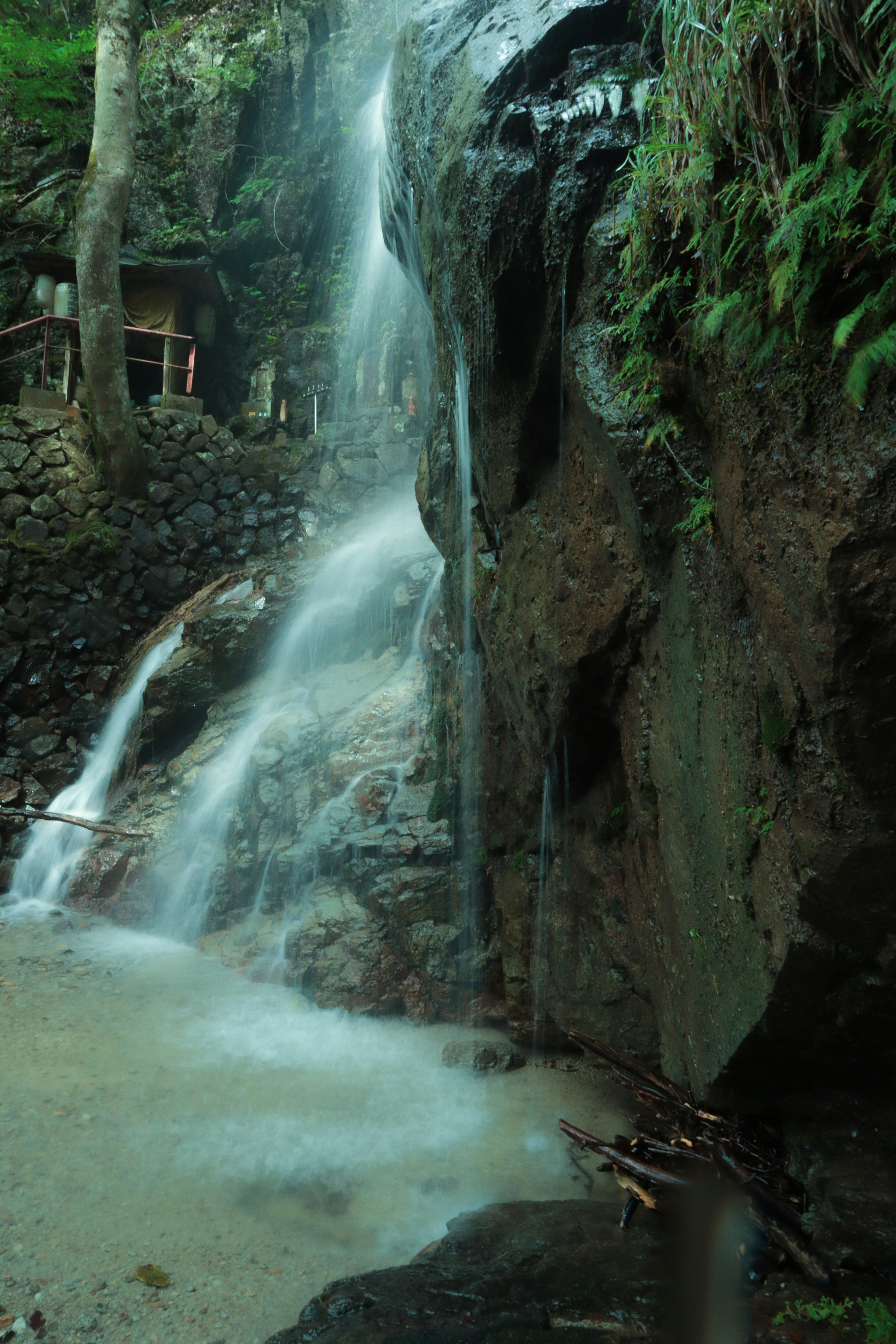 A small waterfall cascading over rocks in a lush green forest