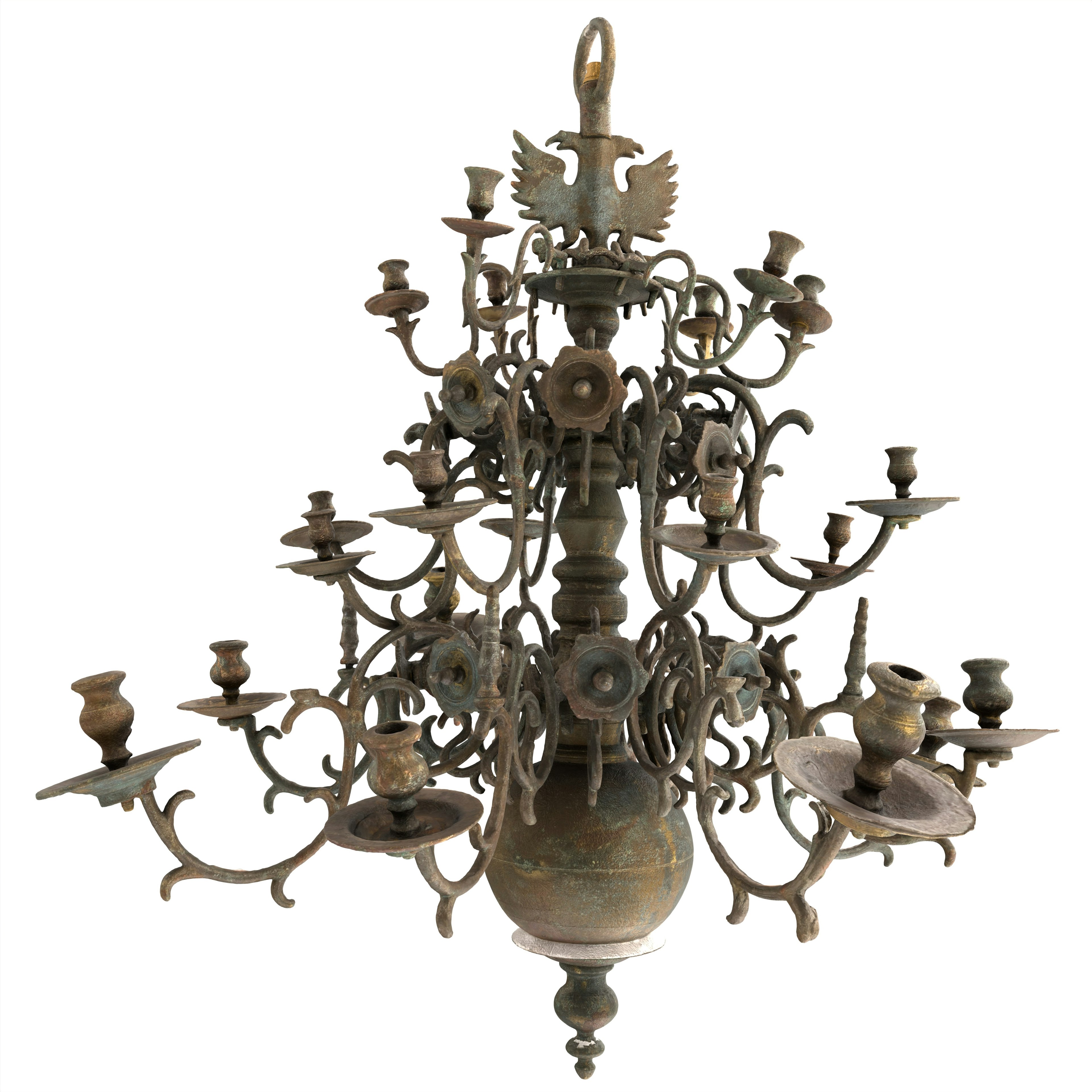 Decorative chandelier with intricate metalwork and candle holders featuring a large central orb and classic design