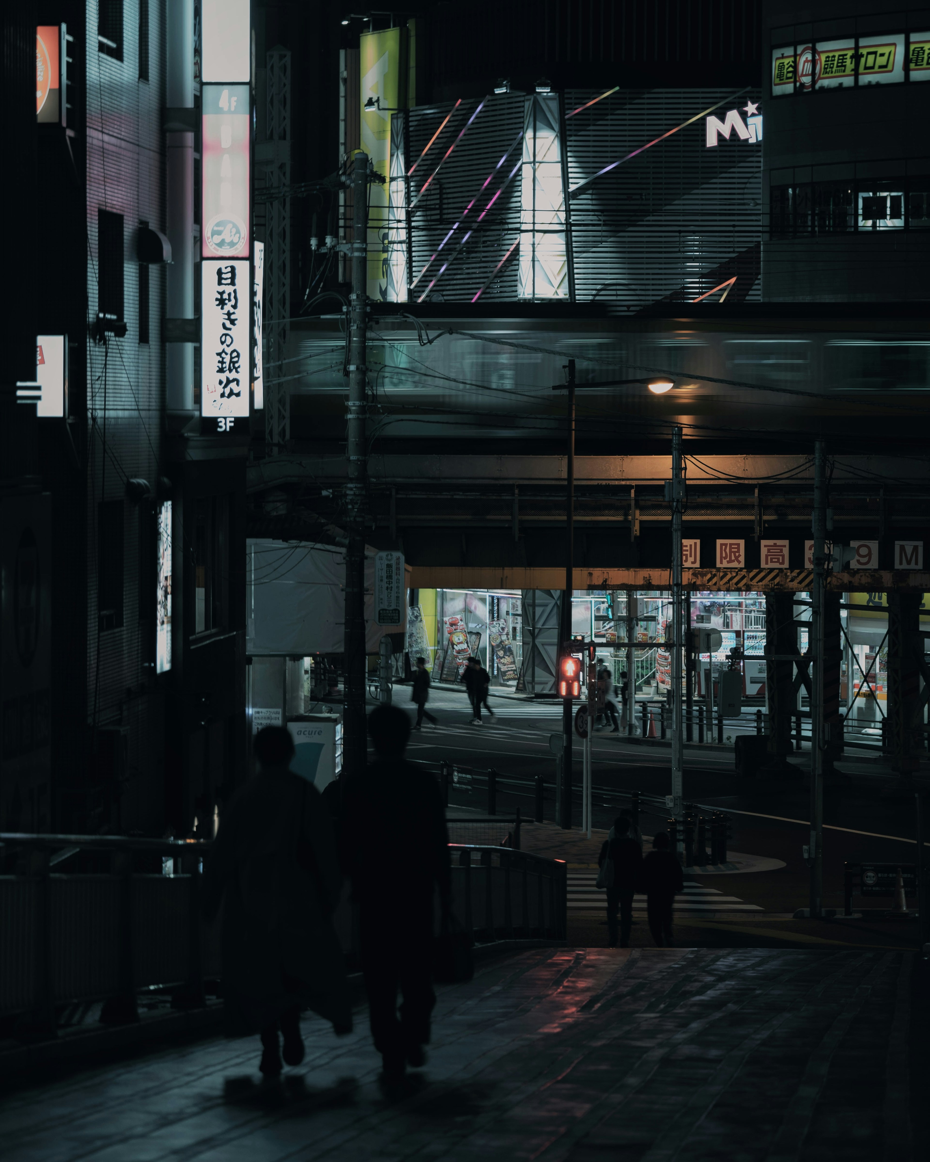 Silhouette of a couple walking in the night with bright signage