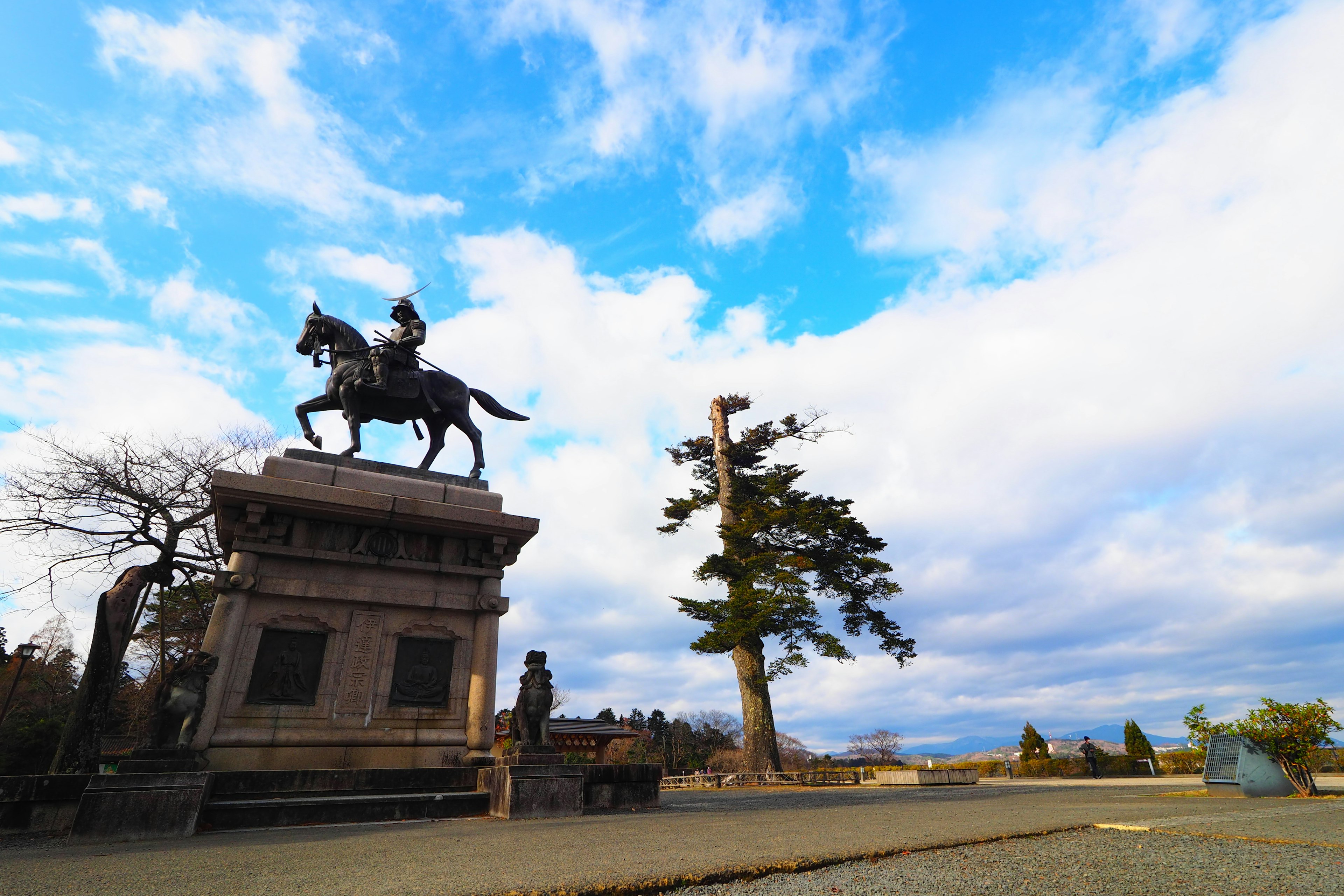 Equestrian statue with surrounding park scenery and blue sky