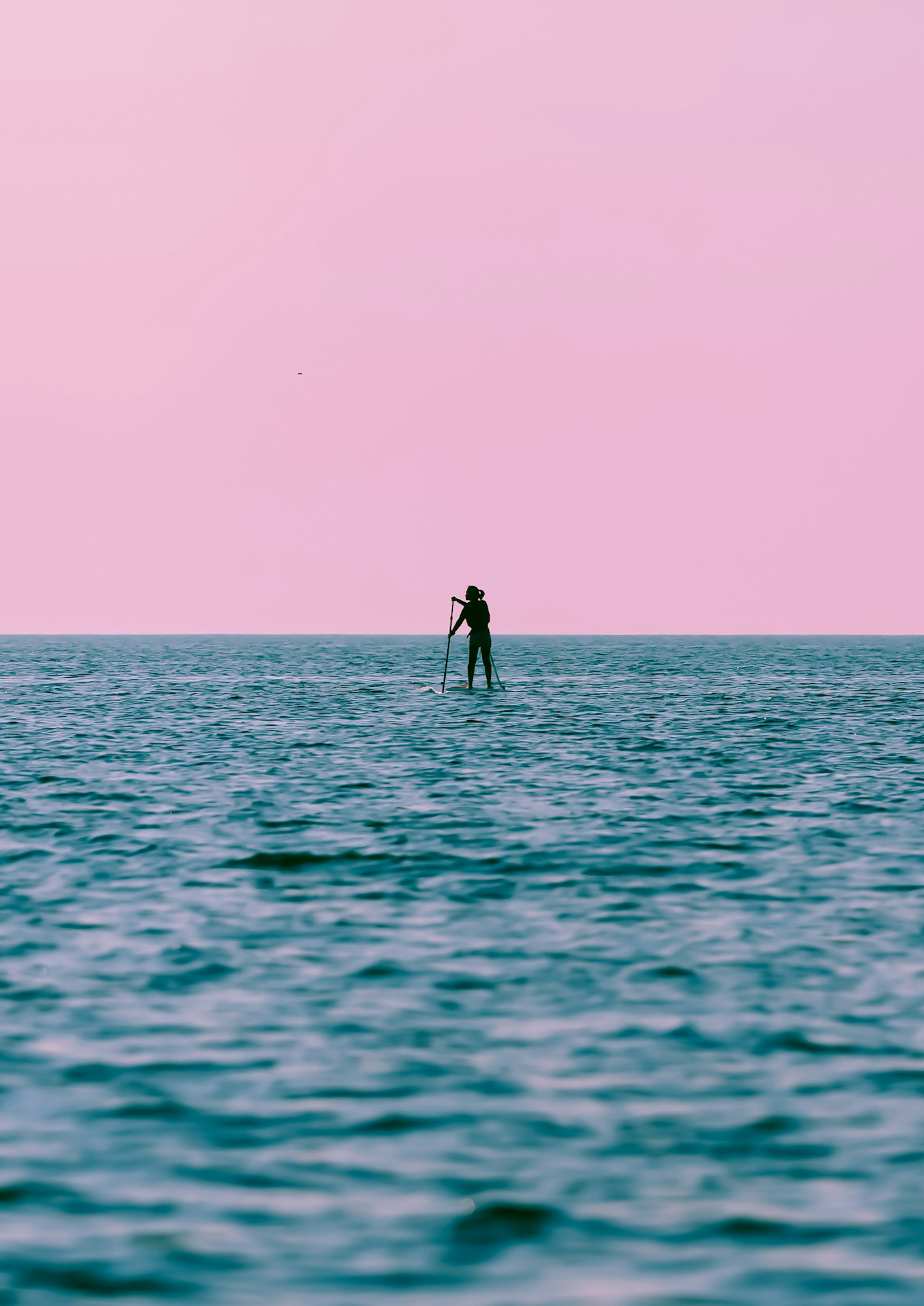 A person standing on the ocean with a soft pink sky