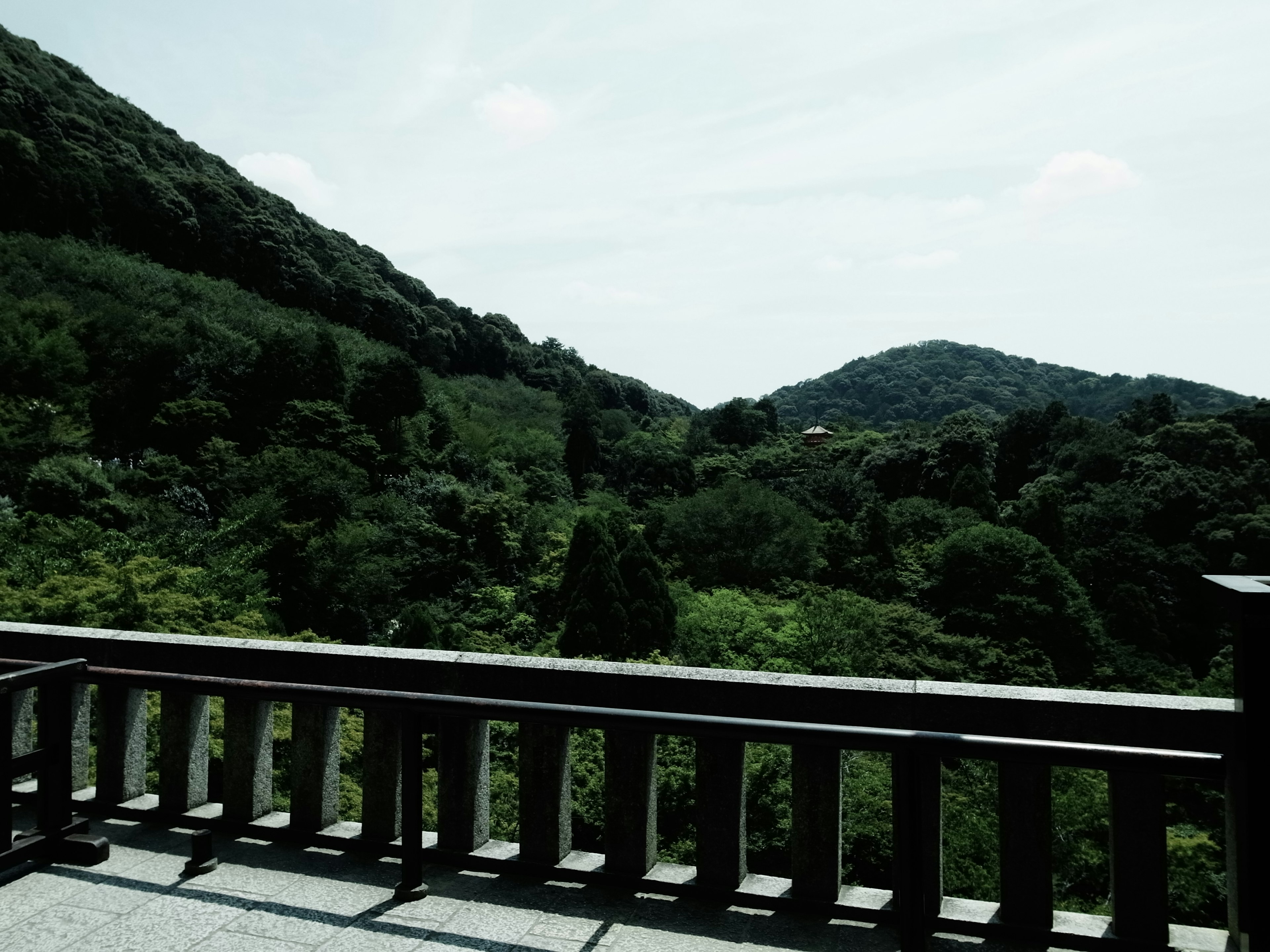 Scenic view from a balcony overlooking lush green mountains