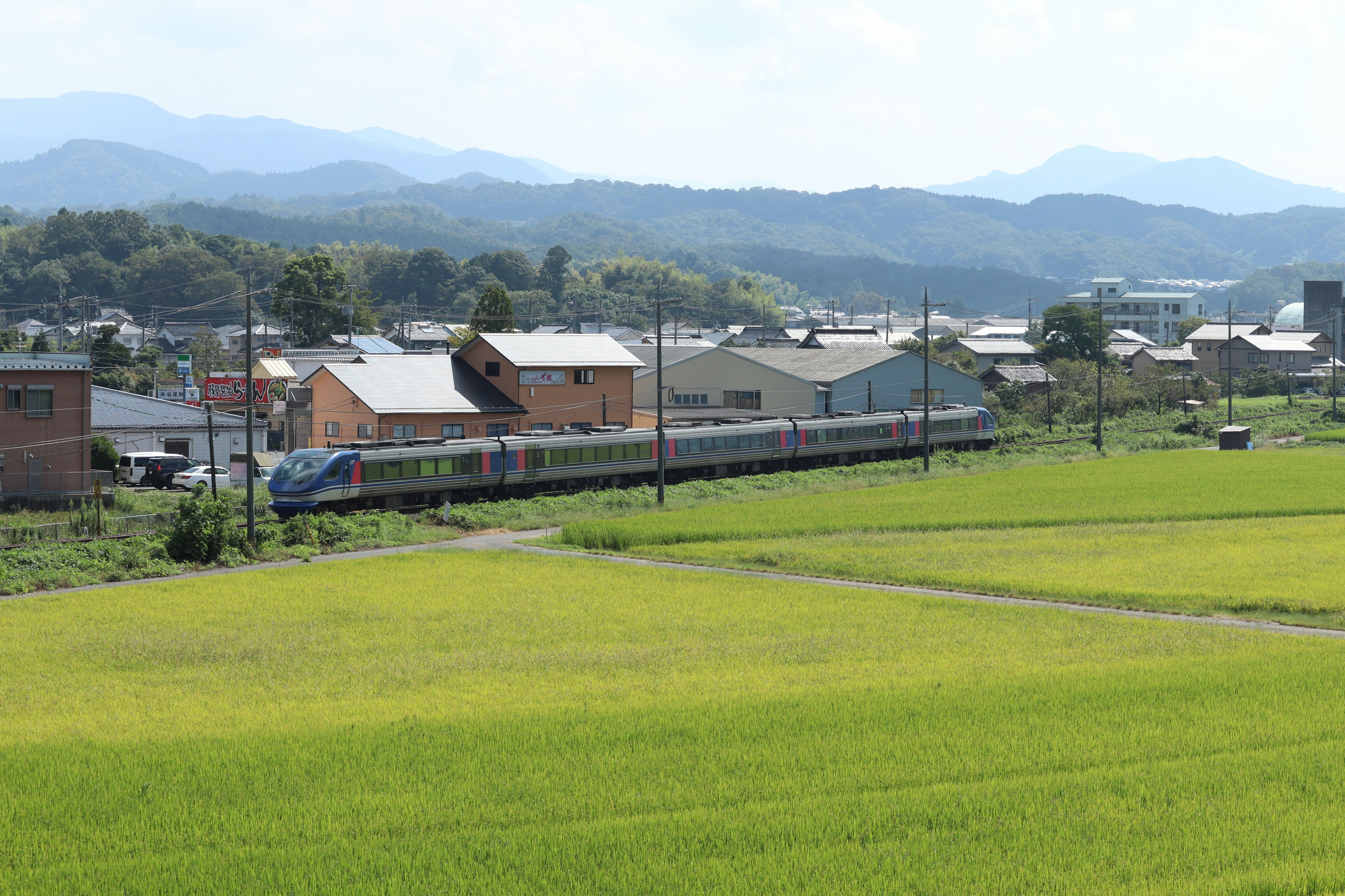 Train running through lush green rice fields with mountains in the background