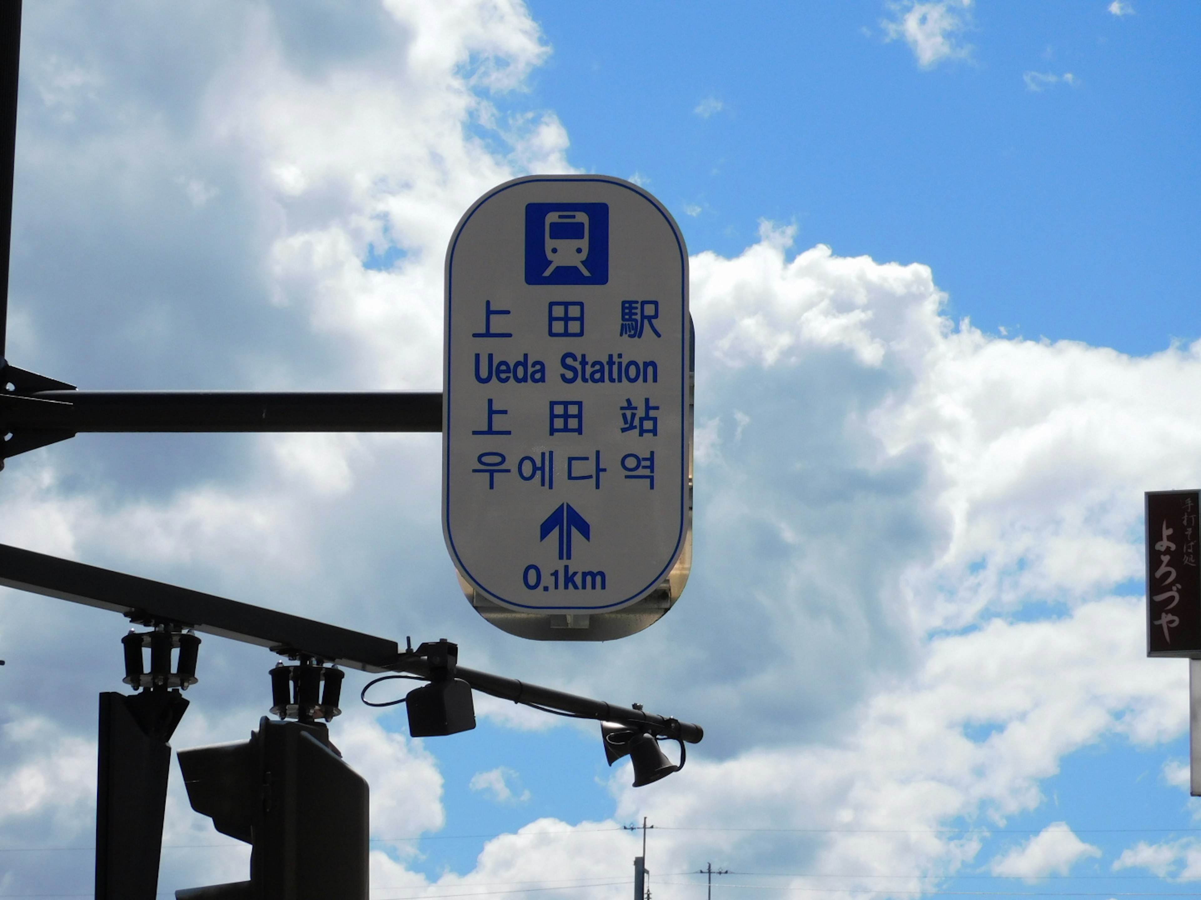 Ueda Station sign against a backdrop of blue sky and clouds