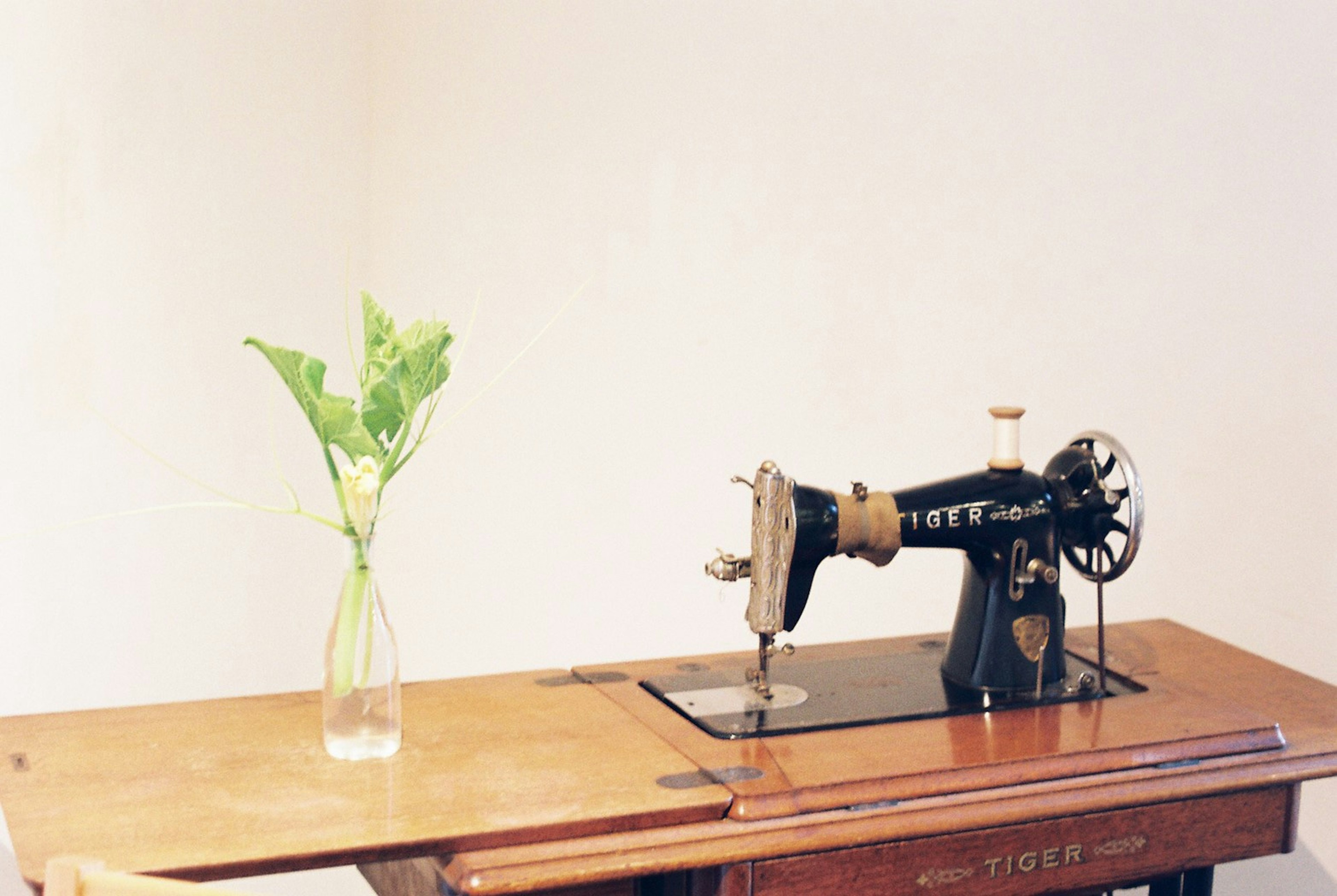 Machine à coudre vintage sur une table en bois avec un vase de fleurs