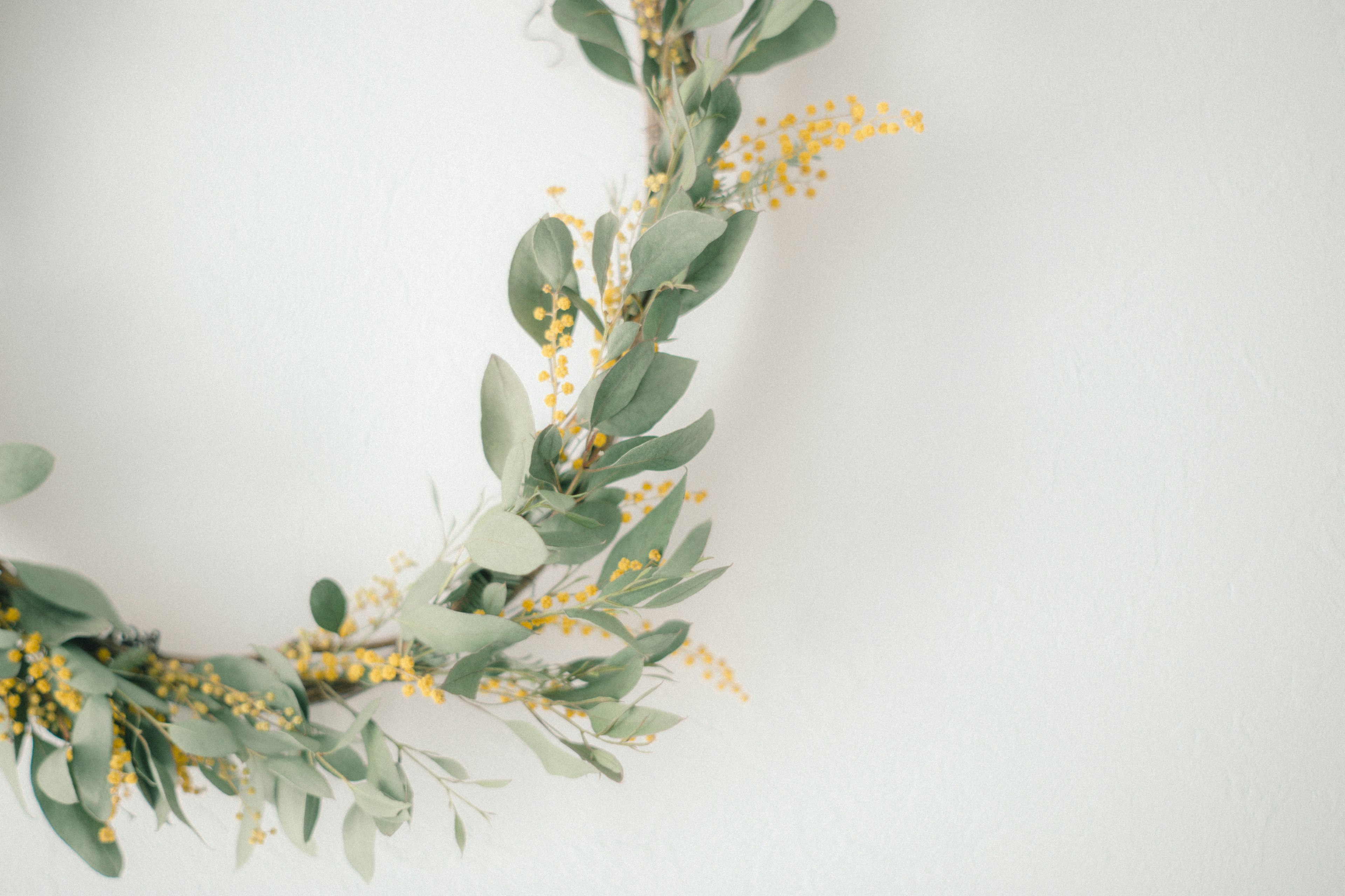 Une belle couronne faite de feuilles vertes et de fleurs jaunes accrochée à un mur blanc