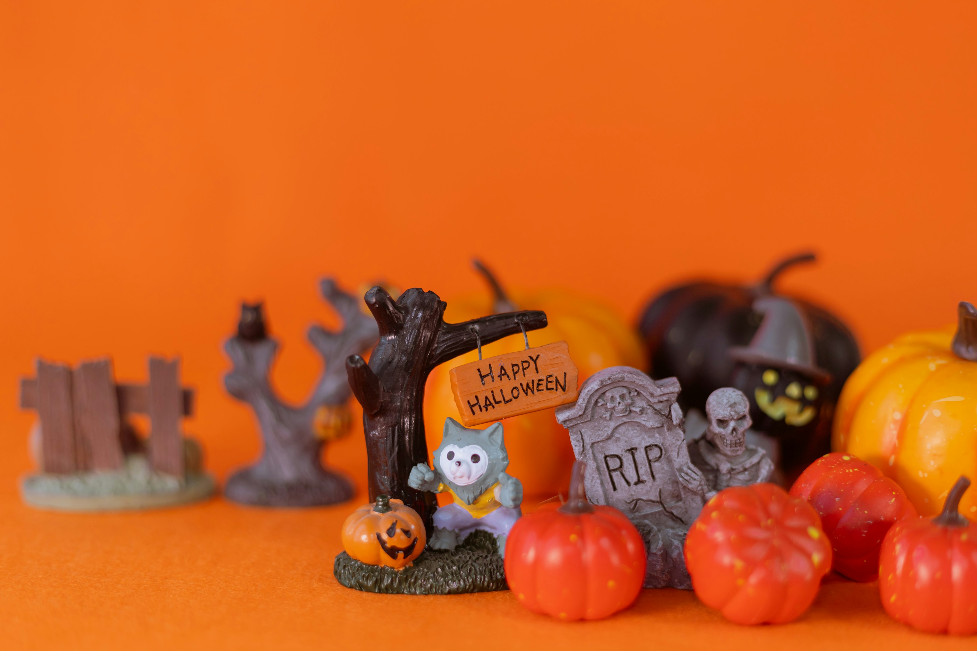 Halloween miniature decorations and pumpkins arranged in front of an orange background