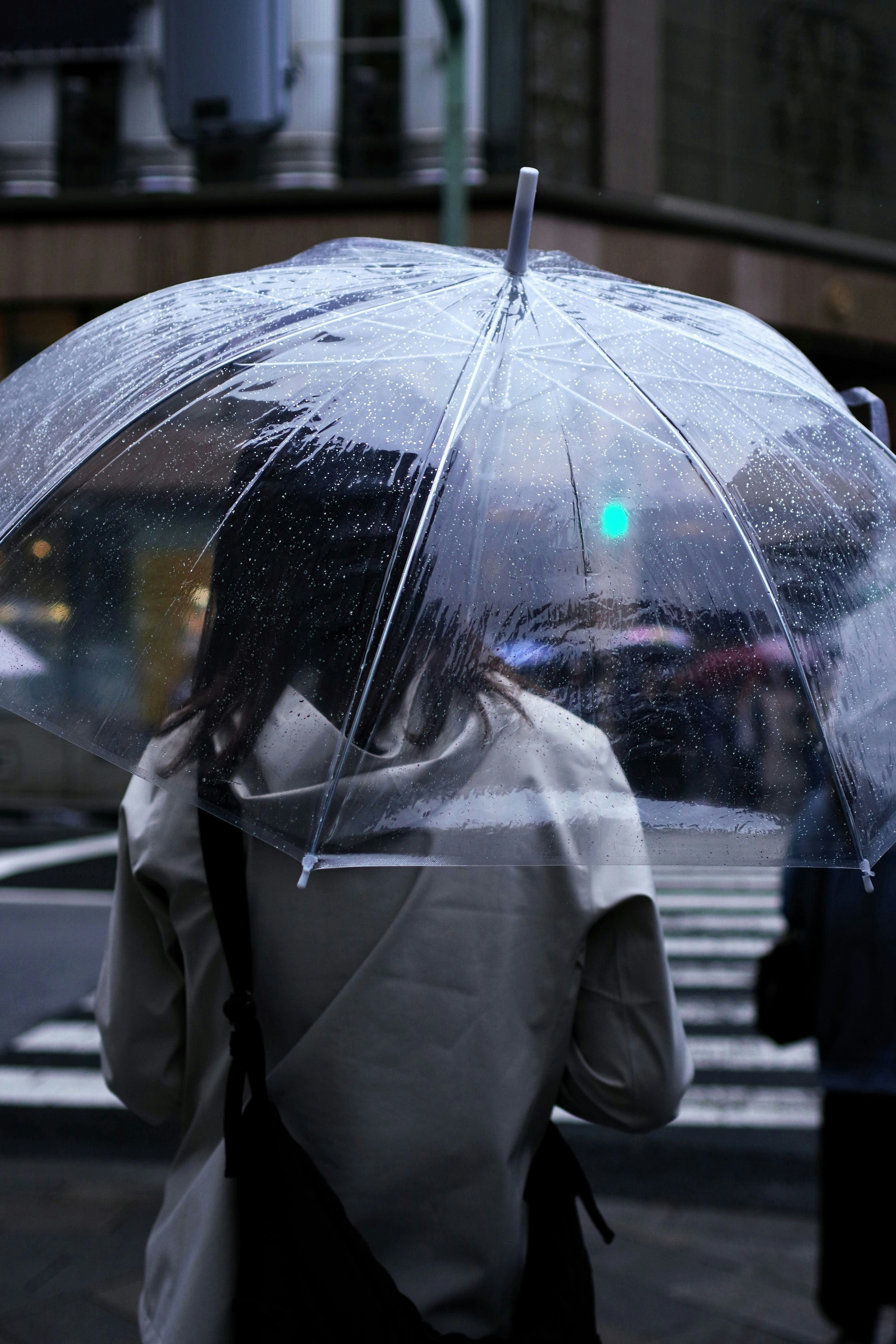 一位拿着透明雨伞的女性站在雨中