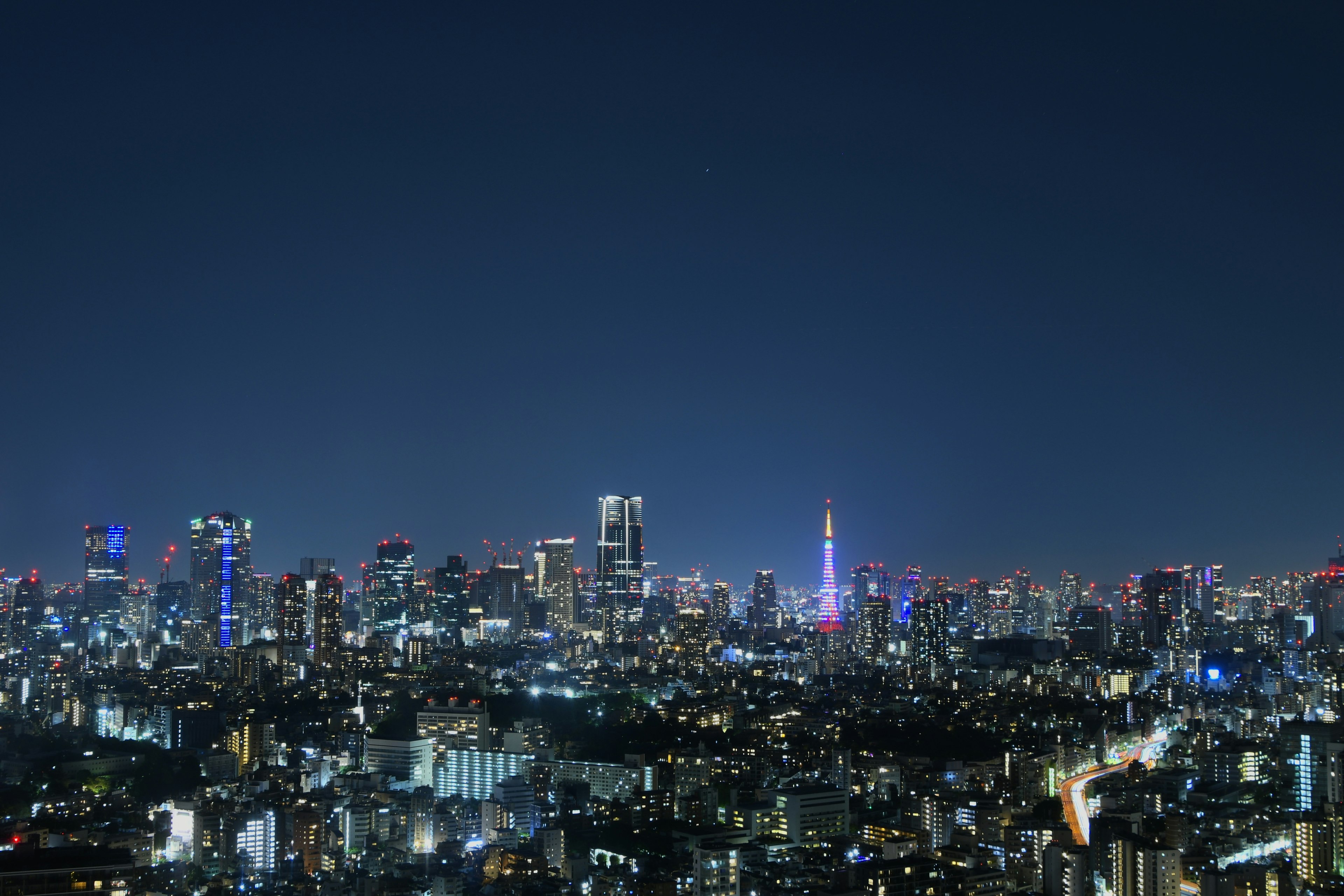 東京の夜景、スカイツリーと高層ビル群が見える