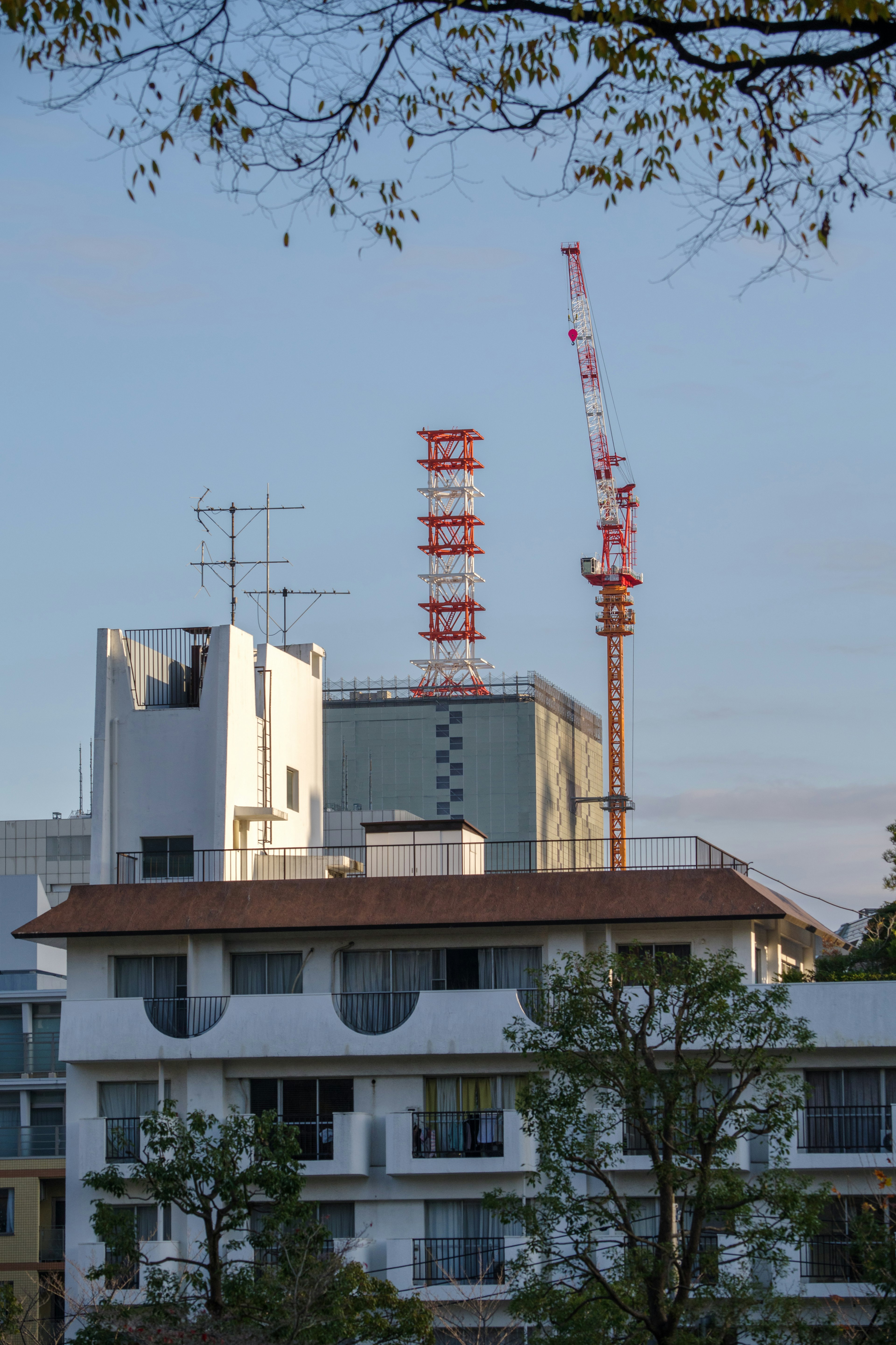 Paysage urbain avec des grues de construction derrière un immeuble de grande hauteur