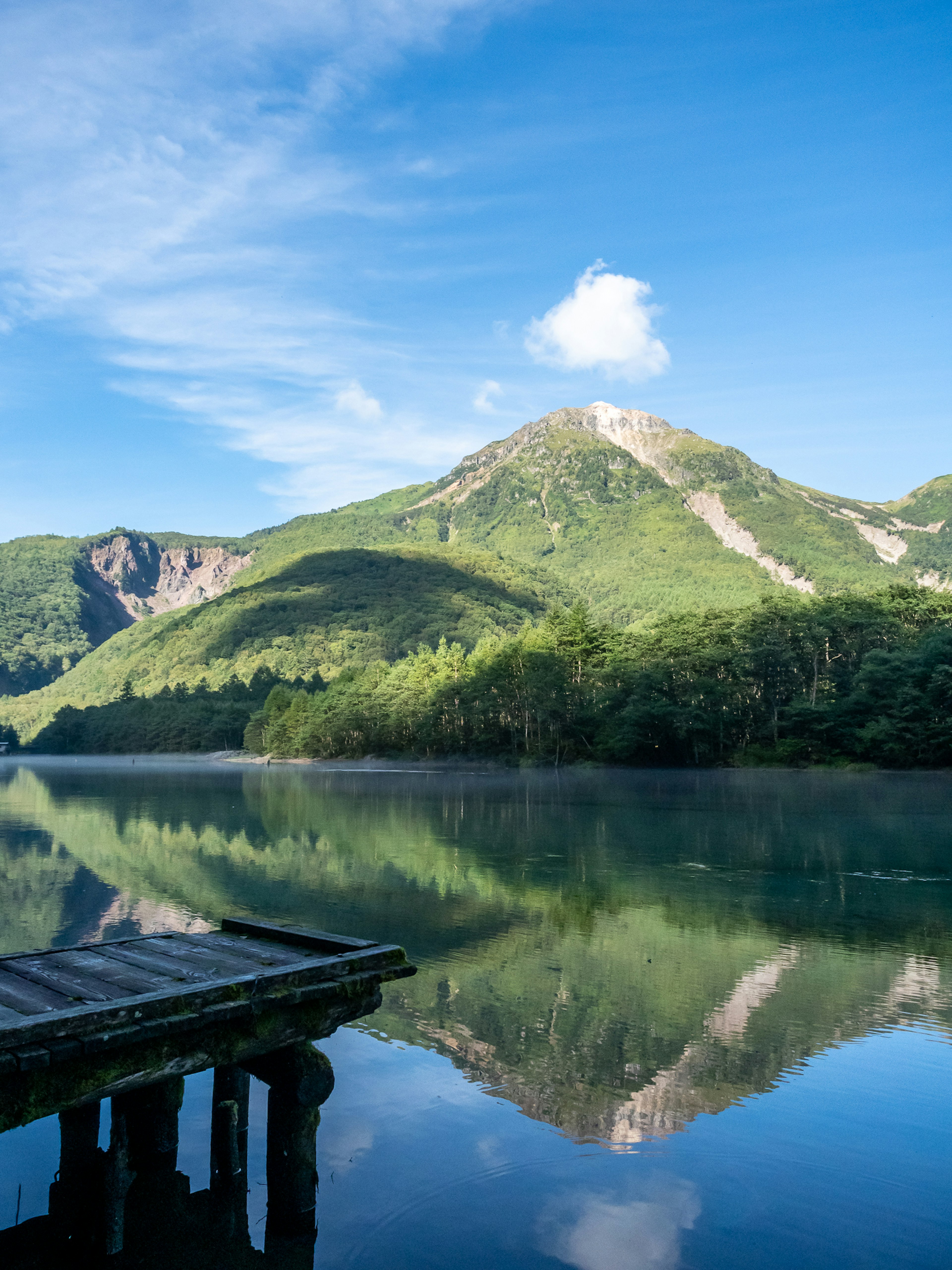 Pemandangan danau yang tenang mencerminkan gunung hijau dan langit biru