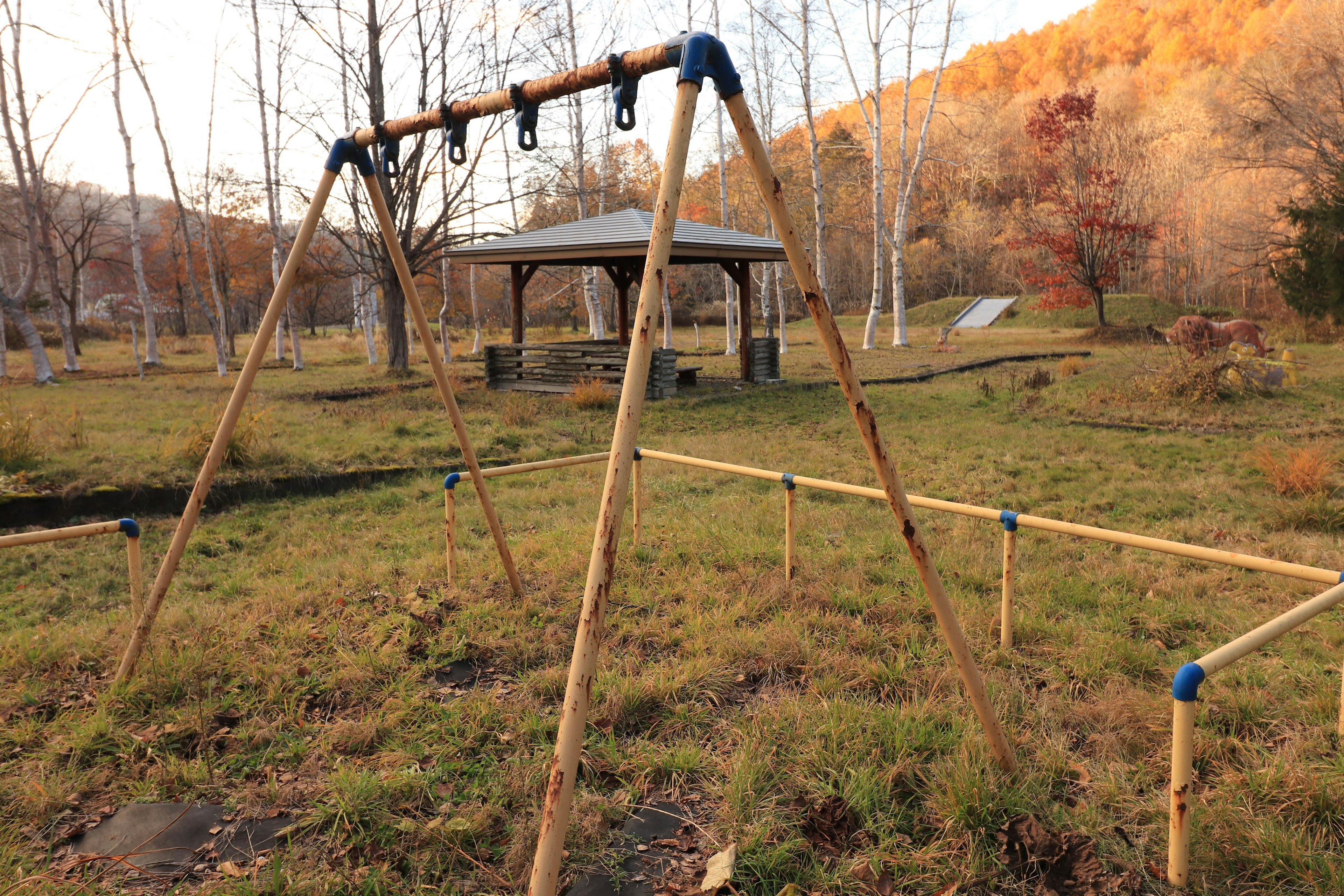 Balançoires et équipements de jeux dans un parc d'automne