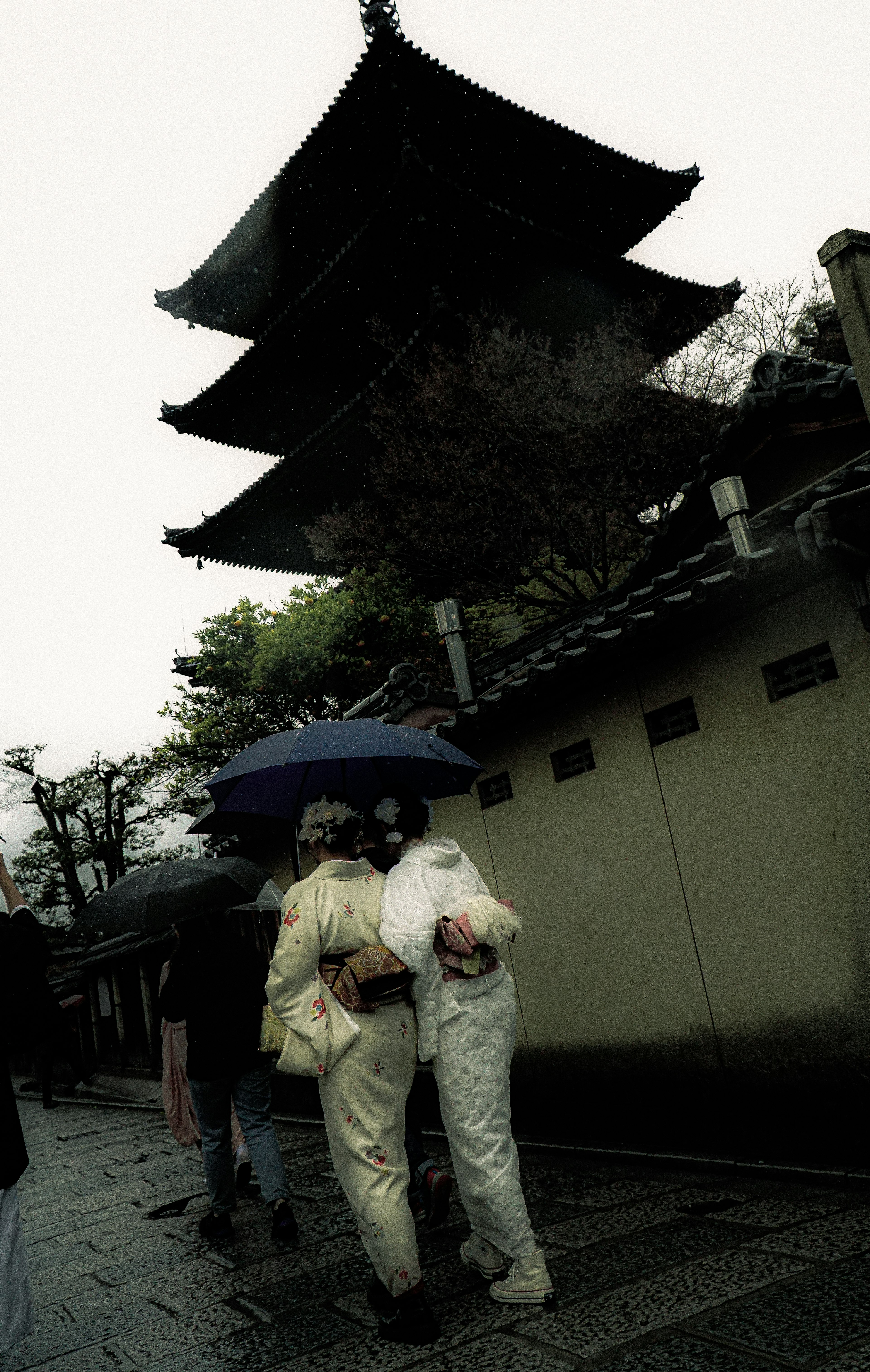 Two people holding an umbrella in the rain with a pagoda in the background