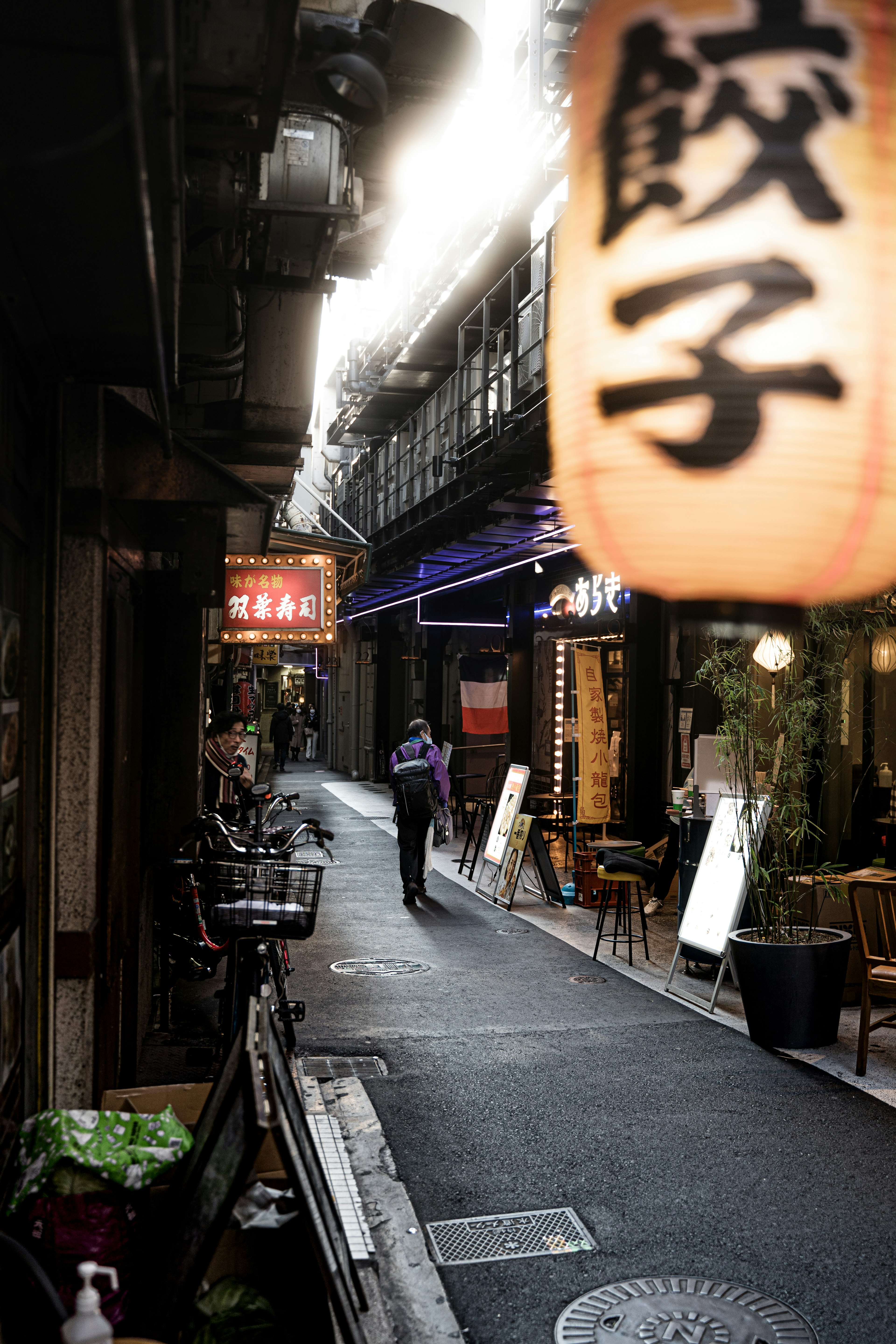 Allée étroite avec une lanterne de gyoza et des façades de restaurants