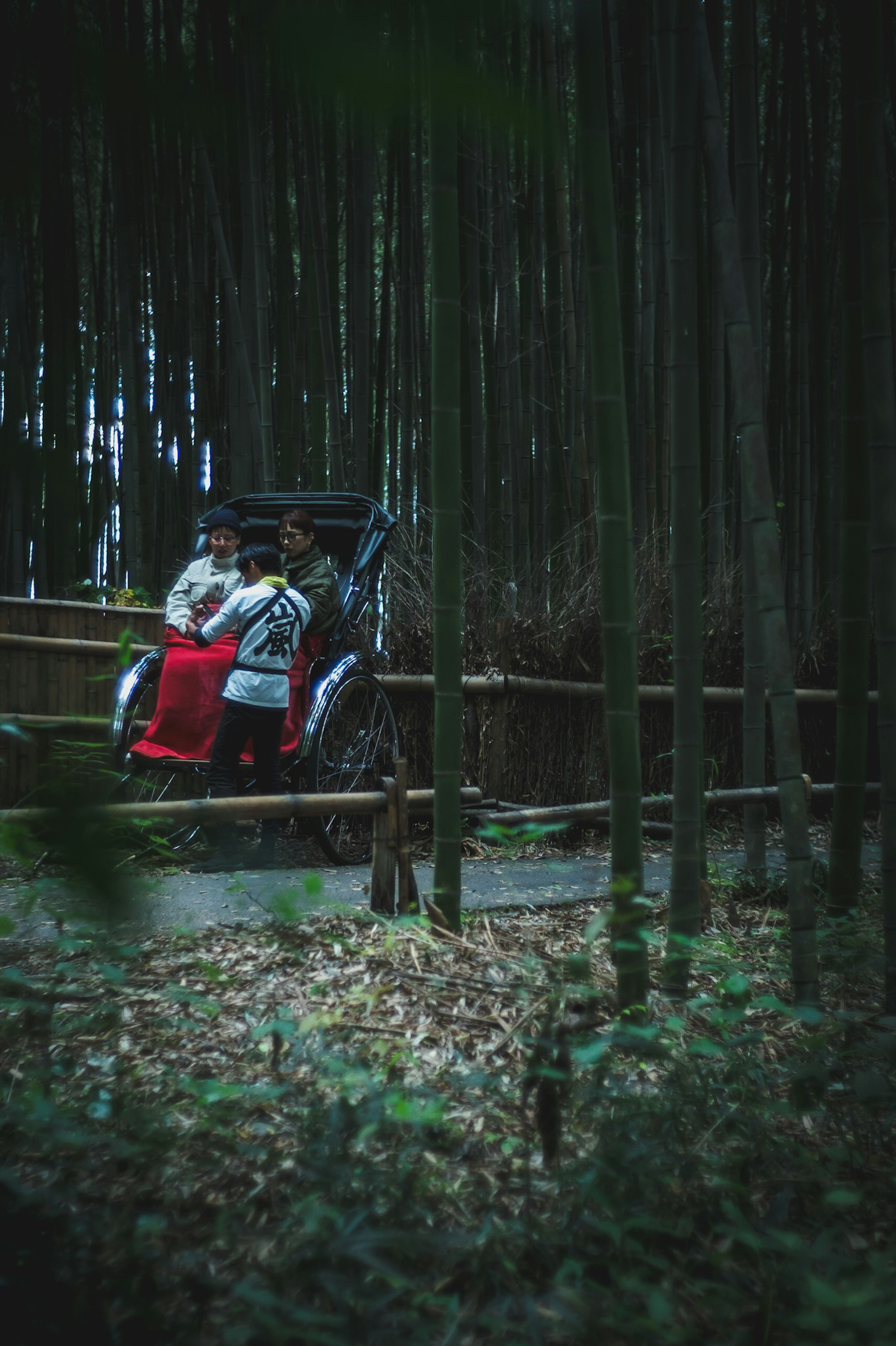 Dos personas con ropa blanca sosteniendo un paño rojo en un bosque de bambú