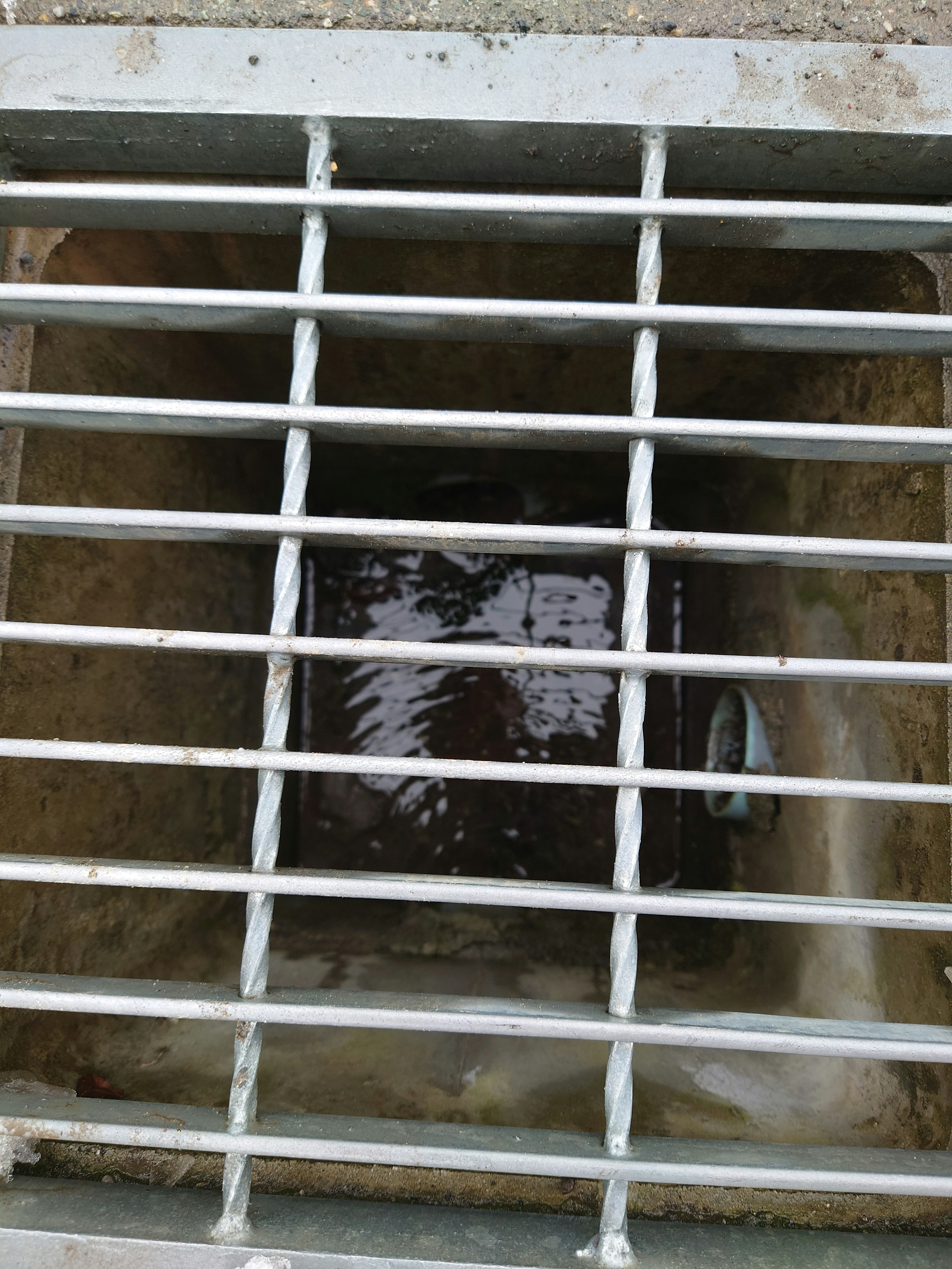 Rejilla metálica cubriendo un desagüe con reflejo de agua