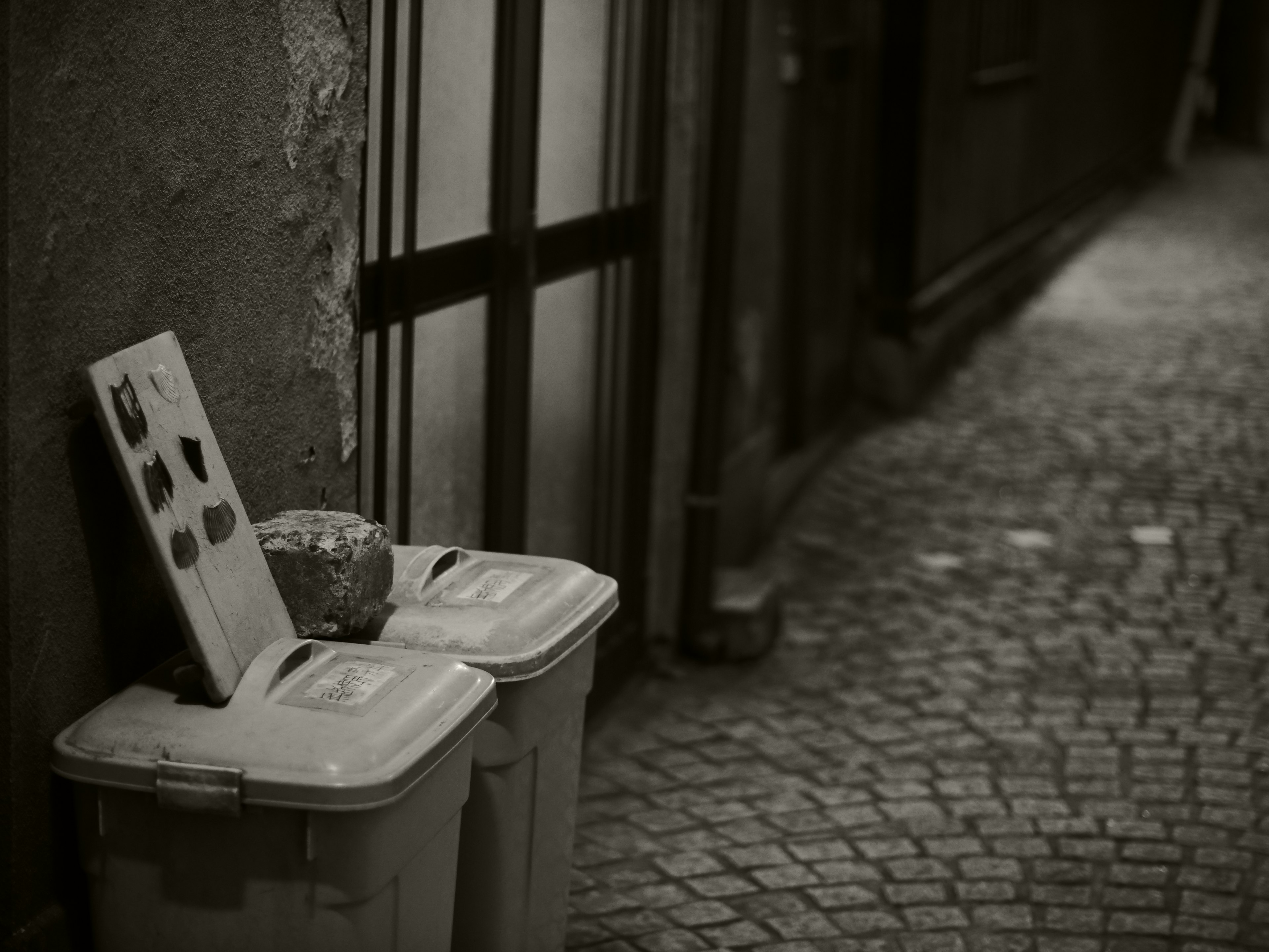 Recycling bins placed in a dim alley with a sign resting on top