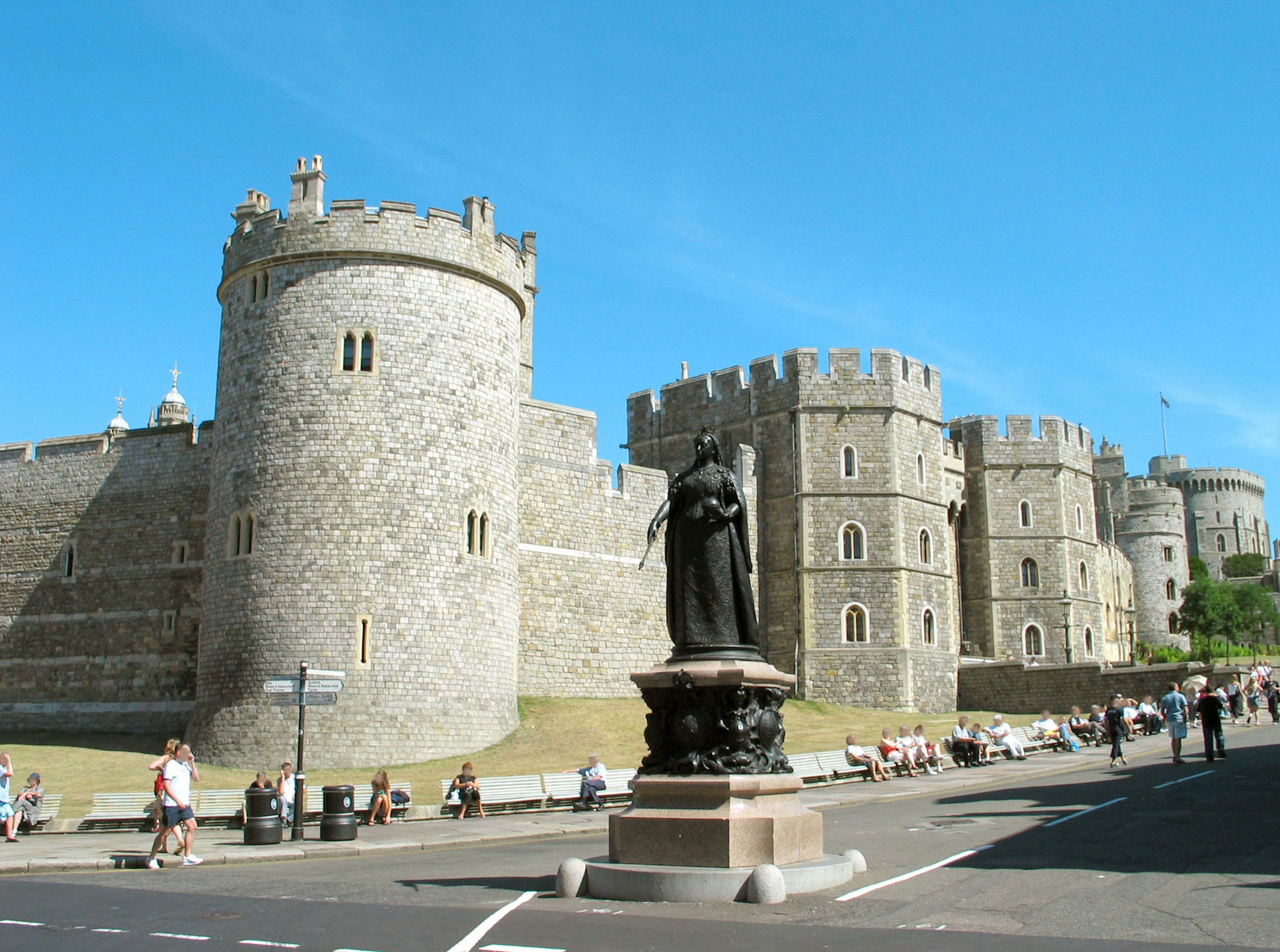 Windsor Castle with stone towers and clear blue sky