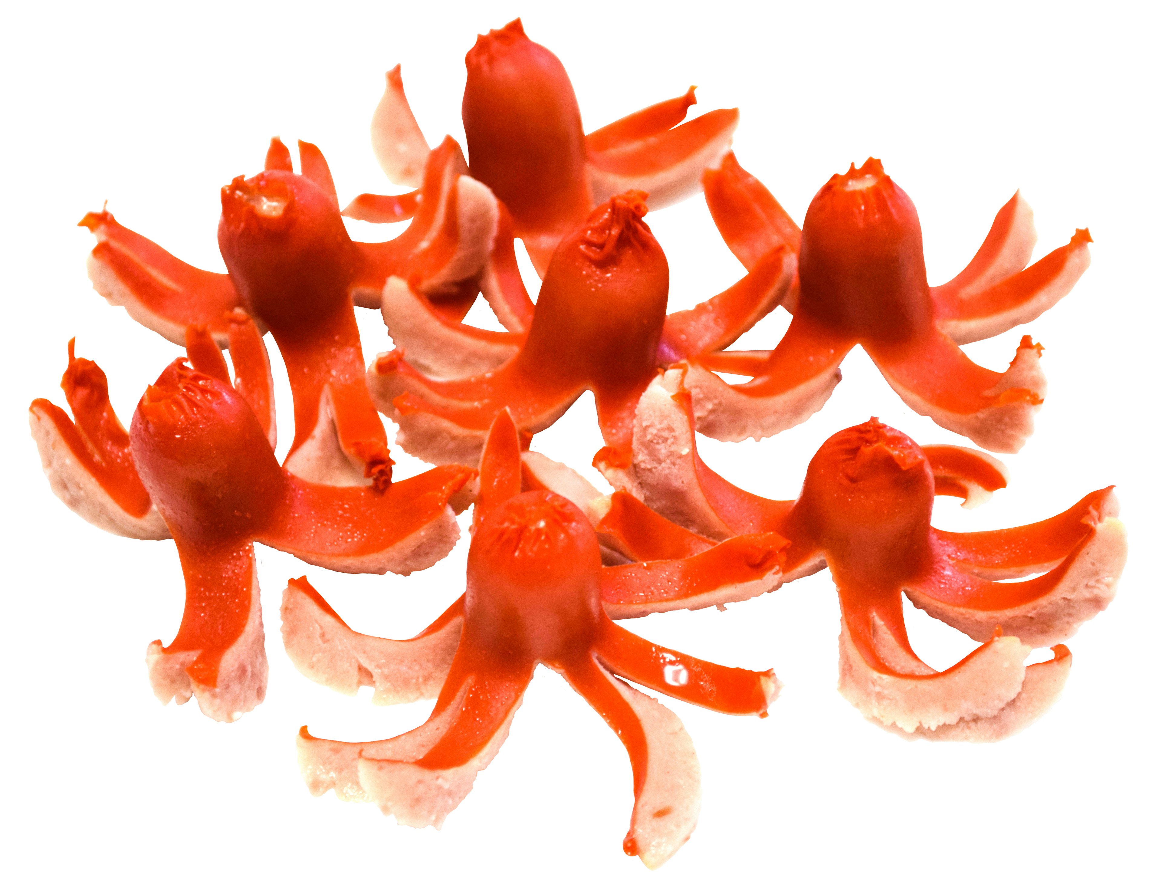 A cluster of red octopuses on a white background