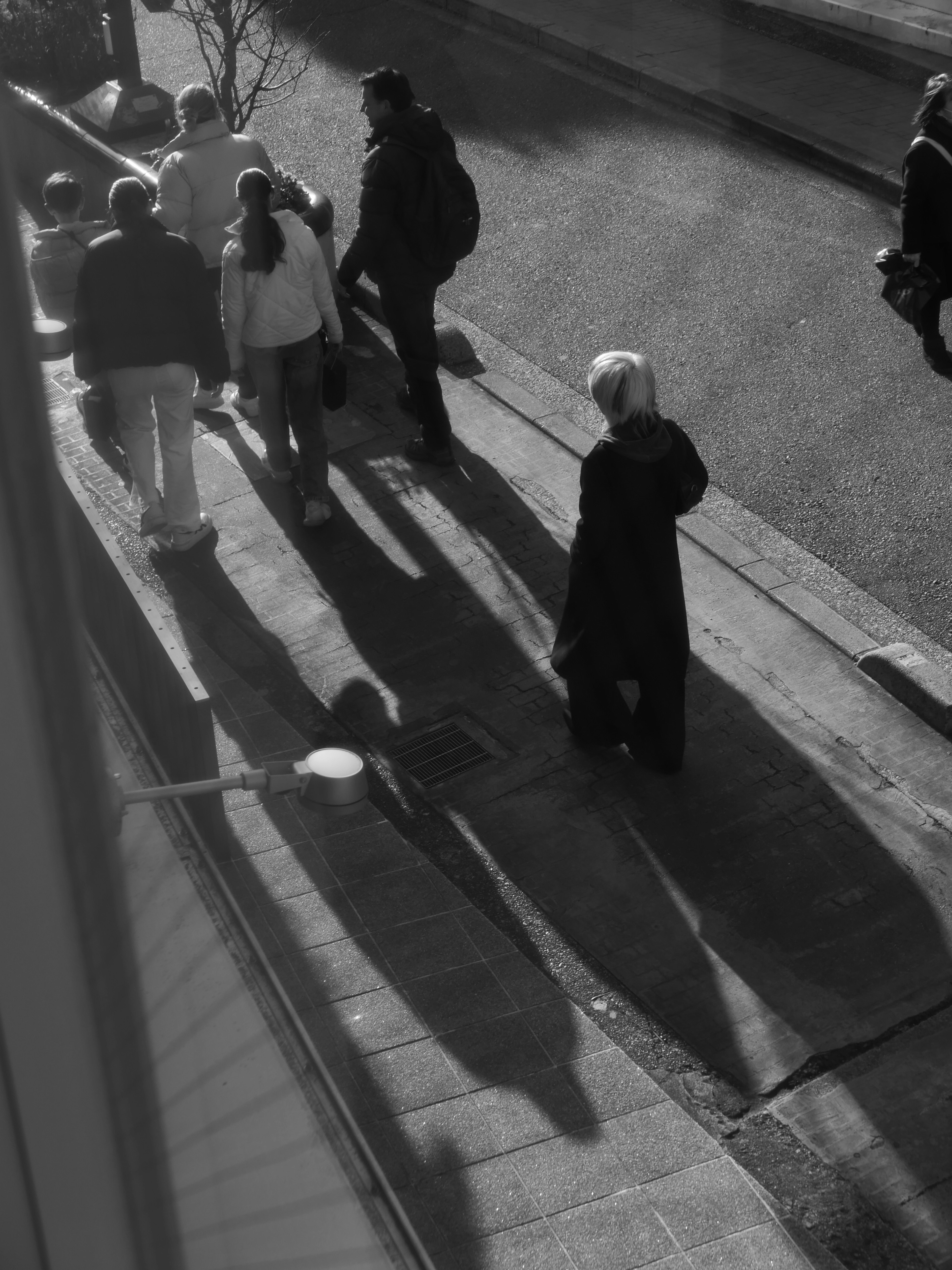 Black and white image of people walking on a street with long shadows