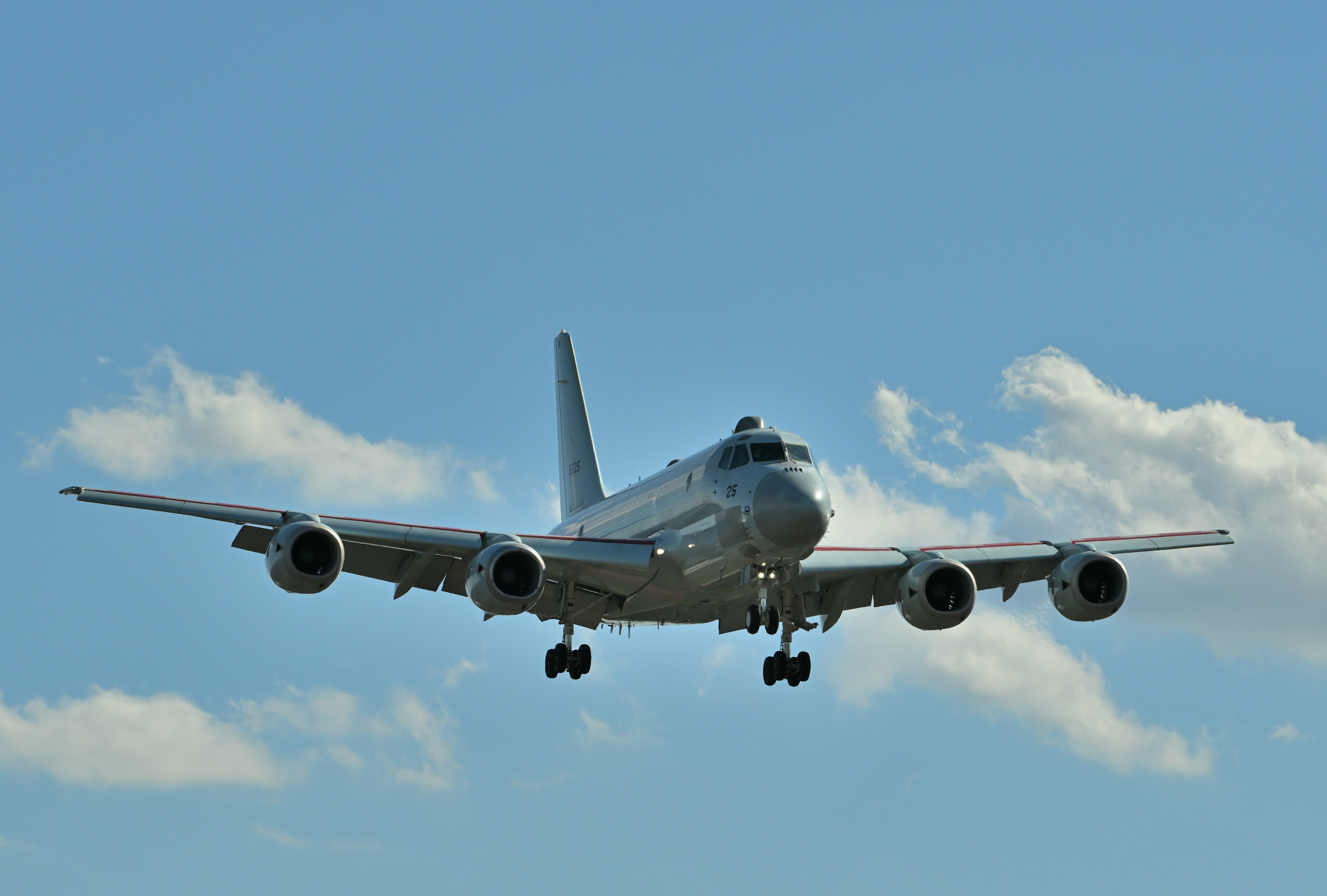 Großes Passagierflugzeug landet unter blauem Himmel