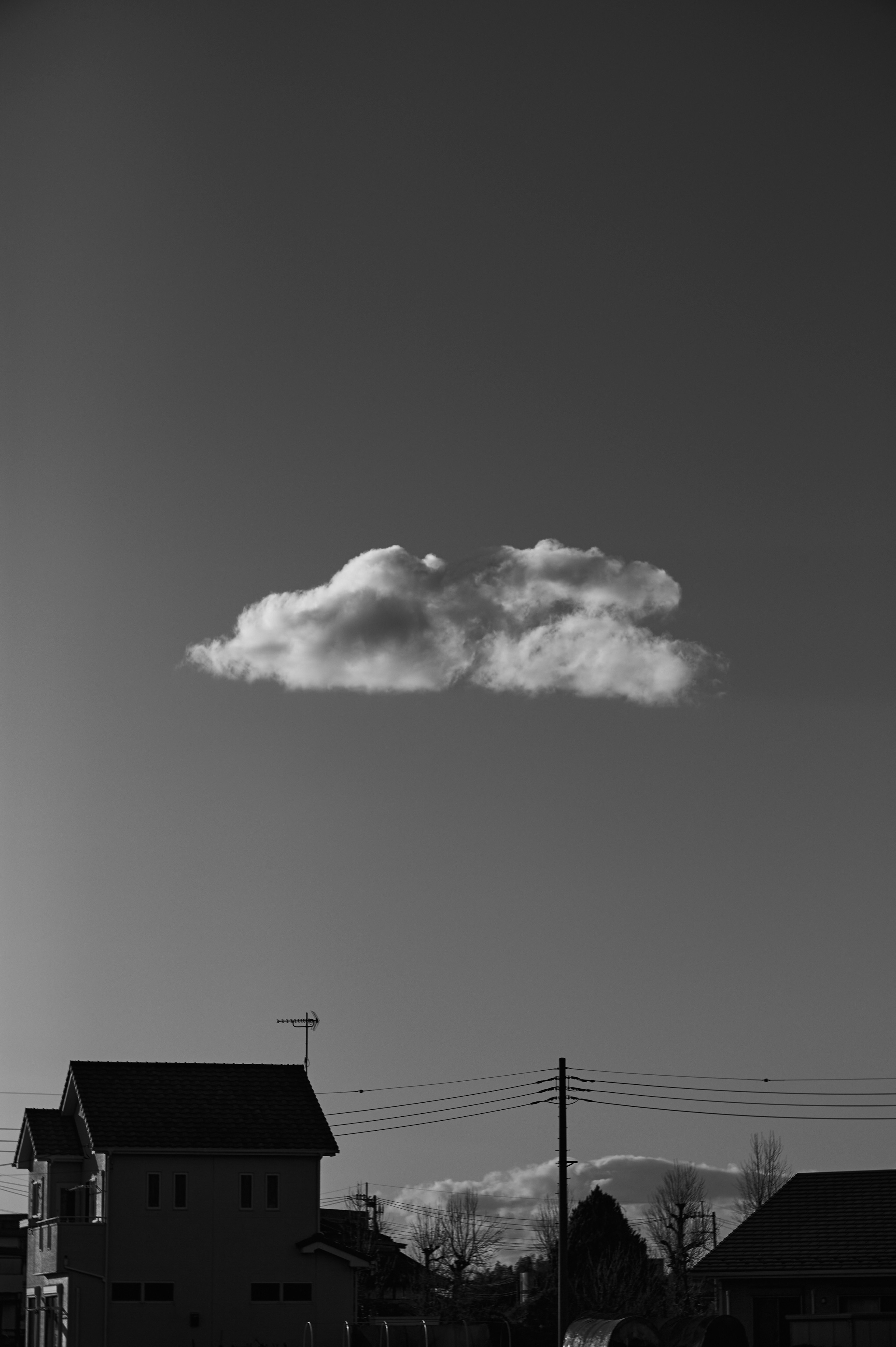 Una nube flotando en un cielo en blanco y negro con siluetas de casas