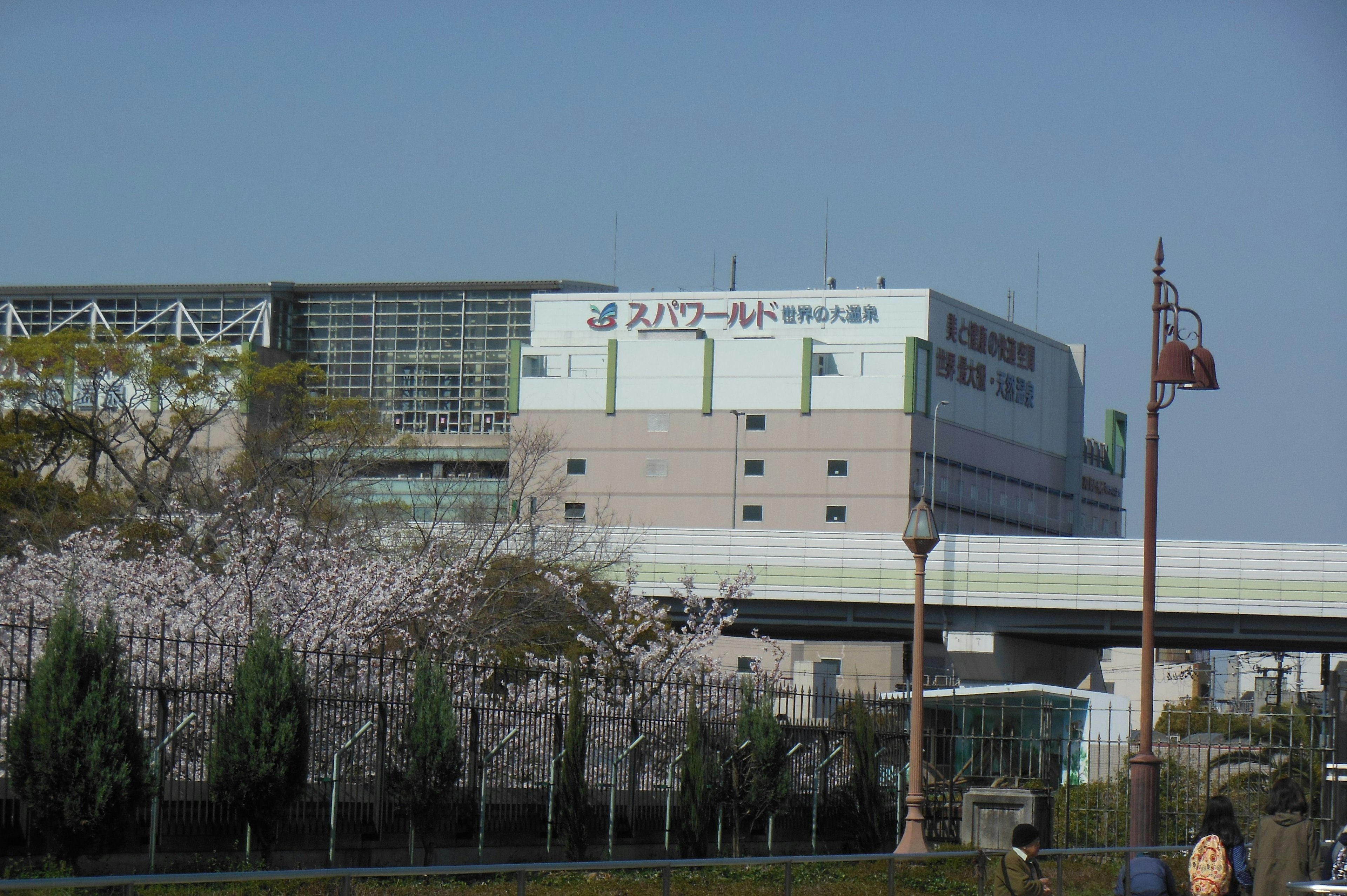 Bangunan supermarket dengan pohon sakura dan langit biru