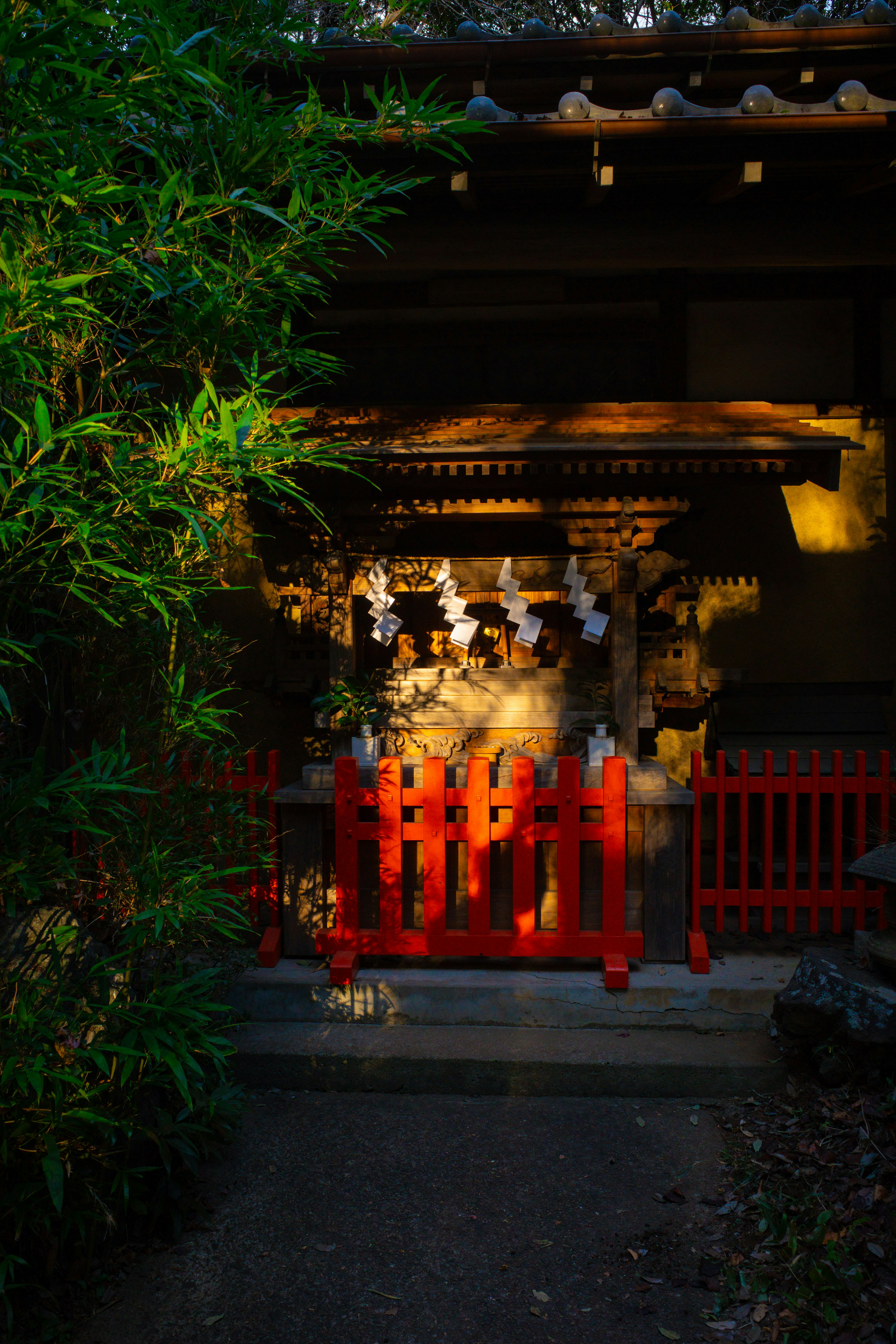 Entrance of a shrine surrounded by bamboo with a red fence