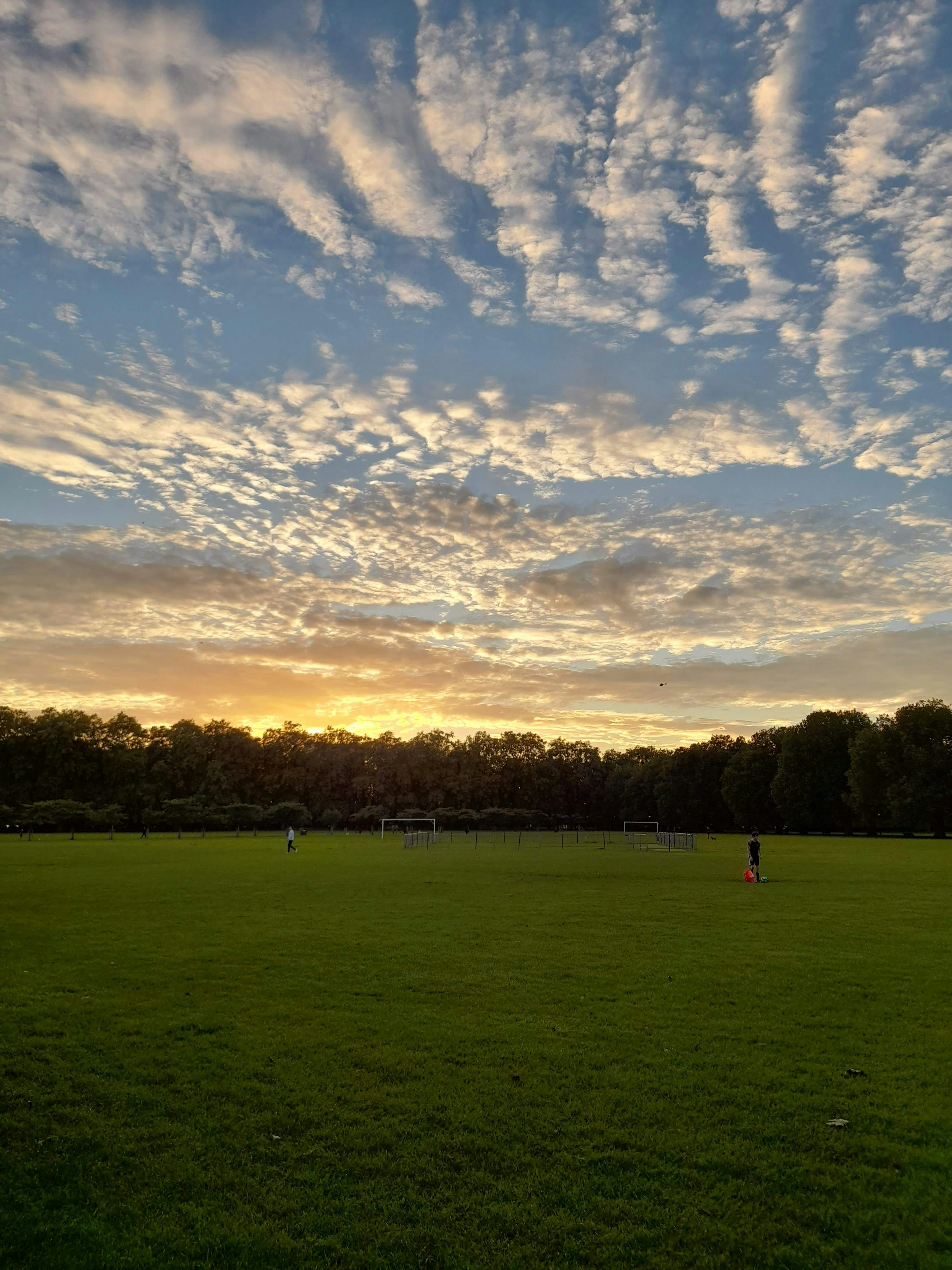 Ciel de coucher de soleil avec des nuages épars sur un champ vert