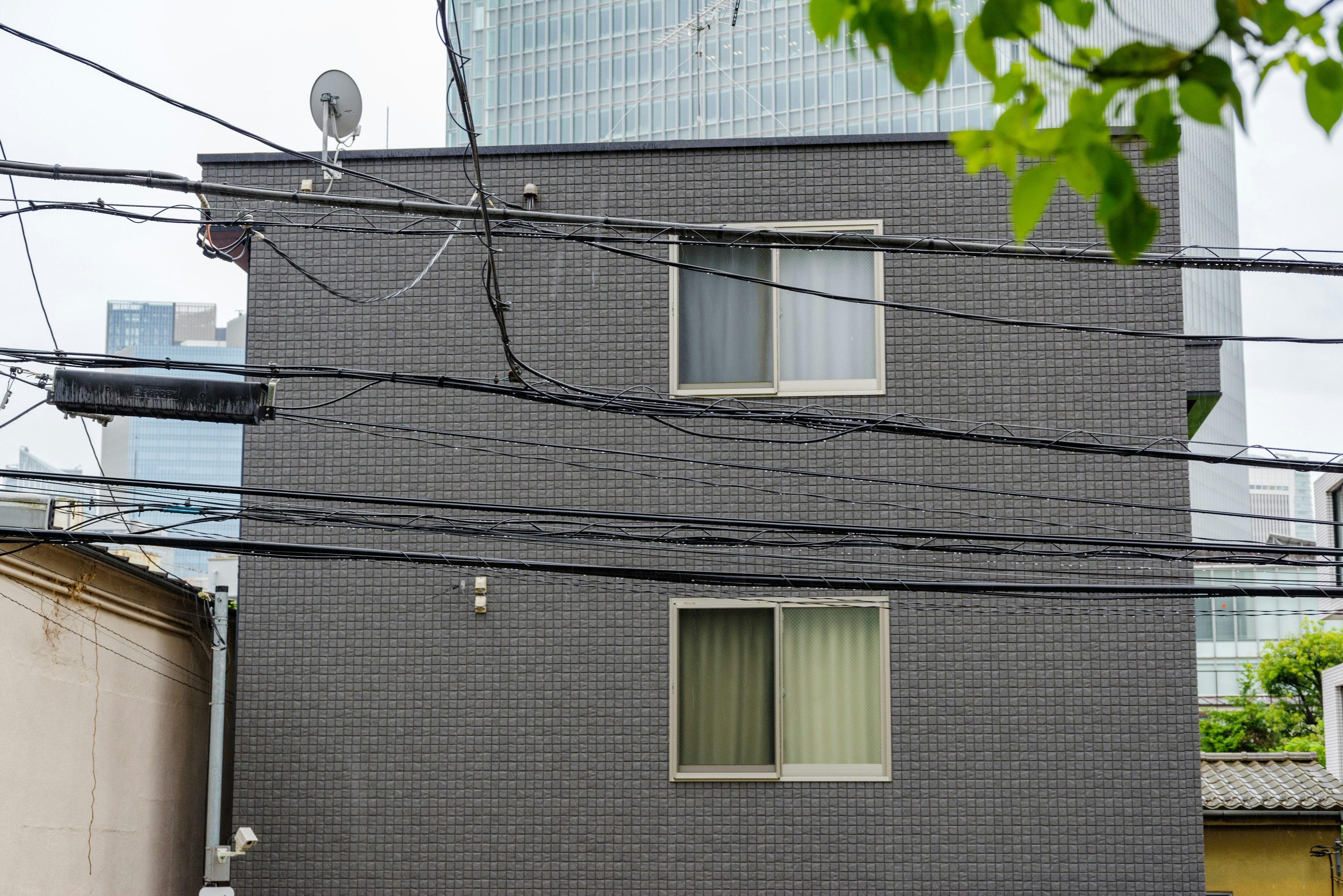 Bâtiment de deux étages avec façade sombre et fils électriques croisés dans un cadre urbain