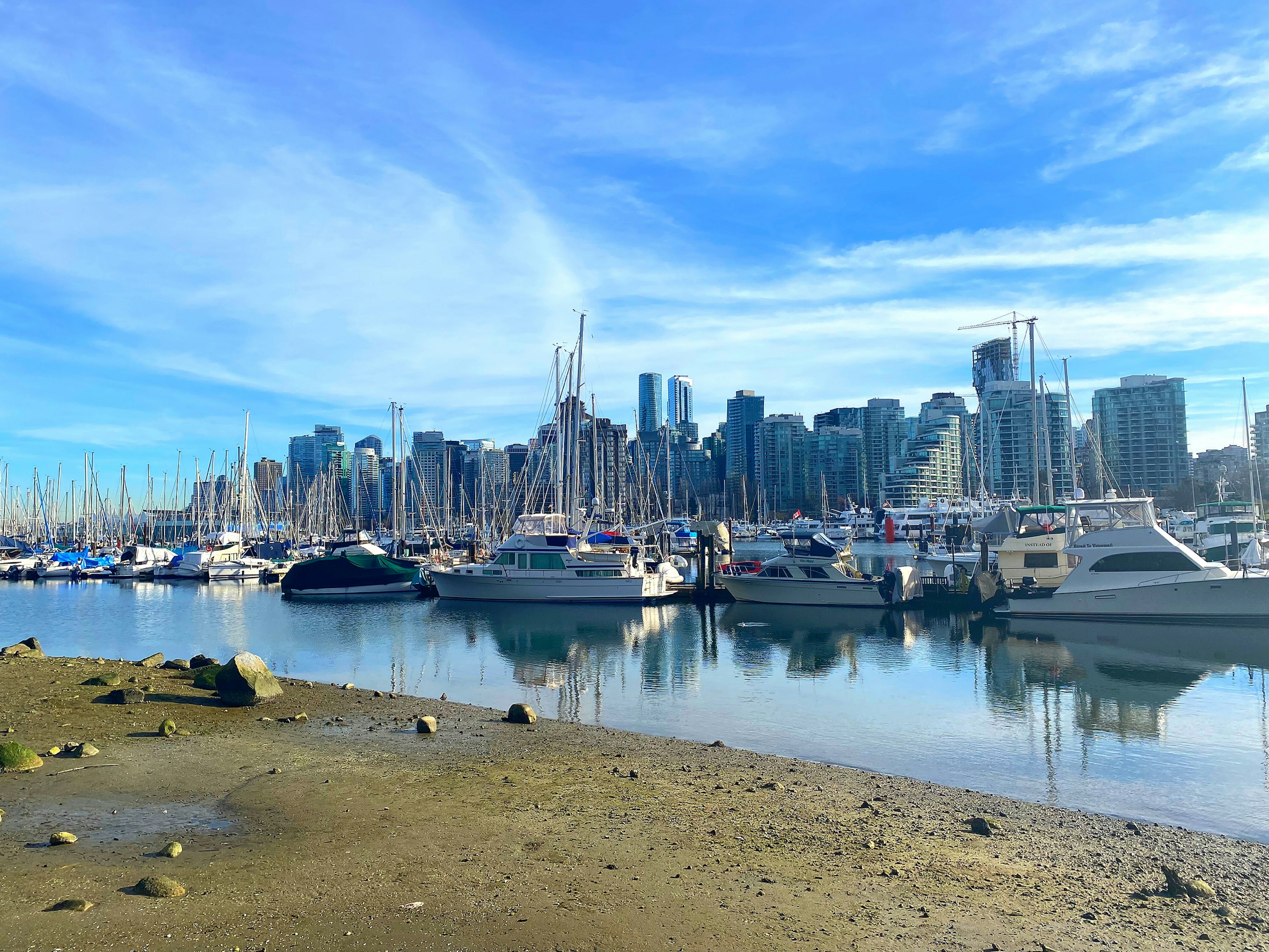 Boats docked near the beach with Vancouver skyline in the background