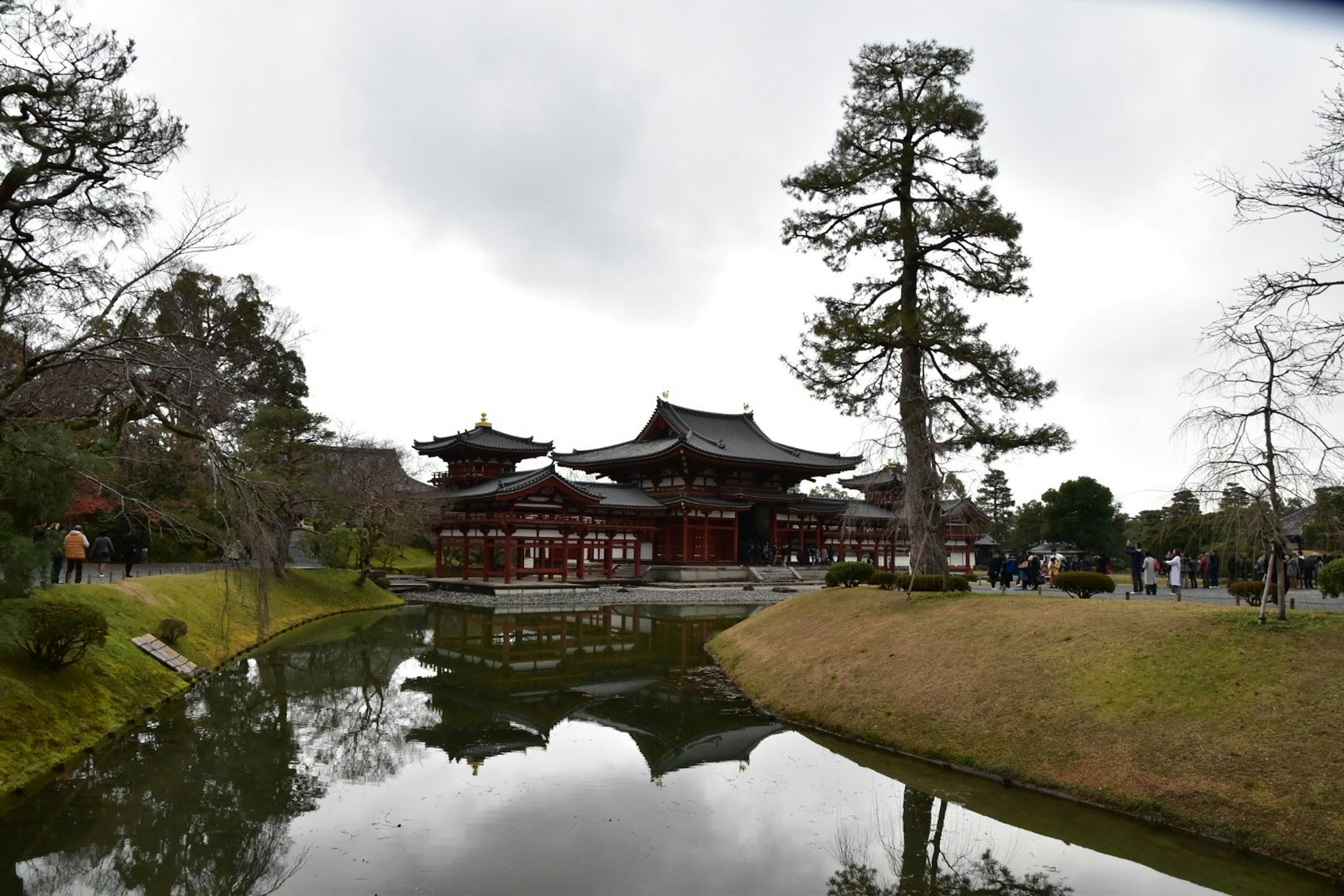 Traditionelles japanisches Gebäude am Teich mit hohen Kiefern