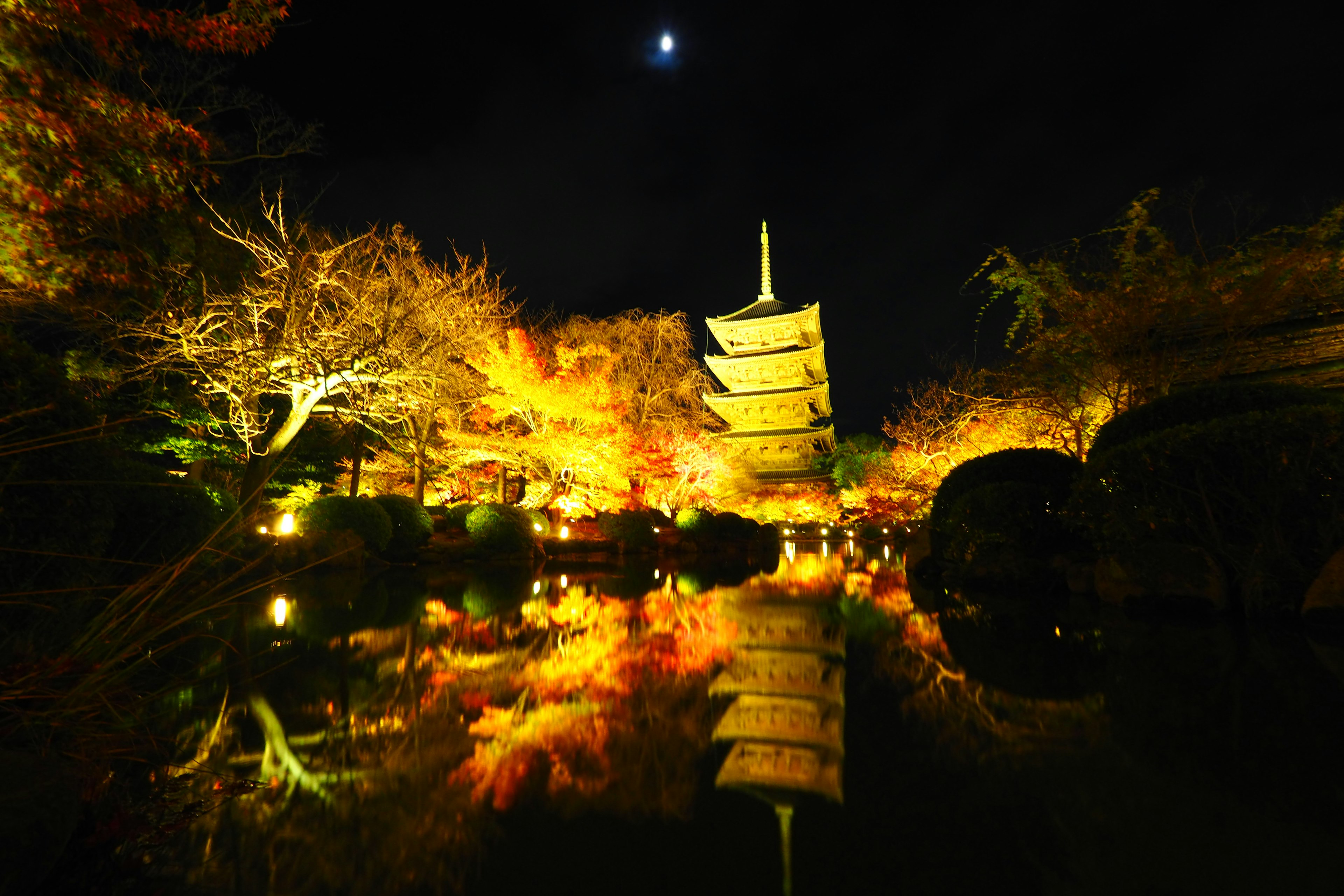 Pagode illuminée entourée de feuilles d'automne se reflétant dans l'eau la nuit