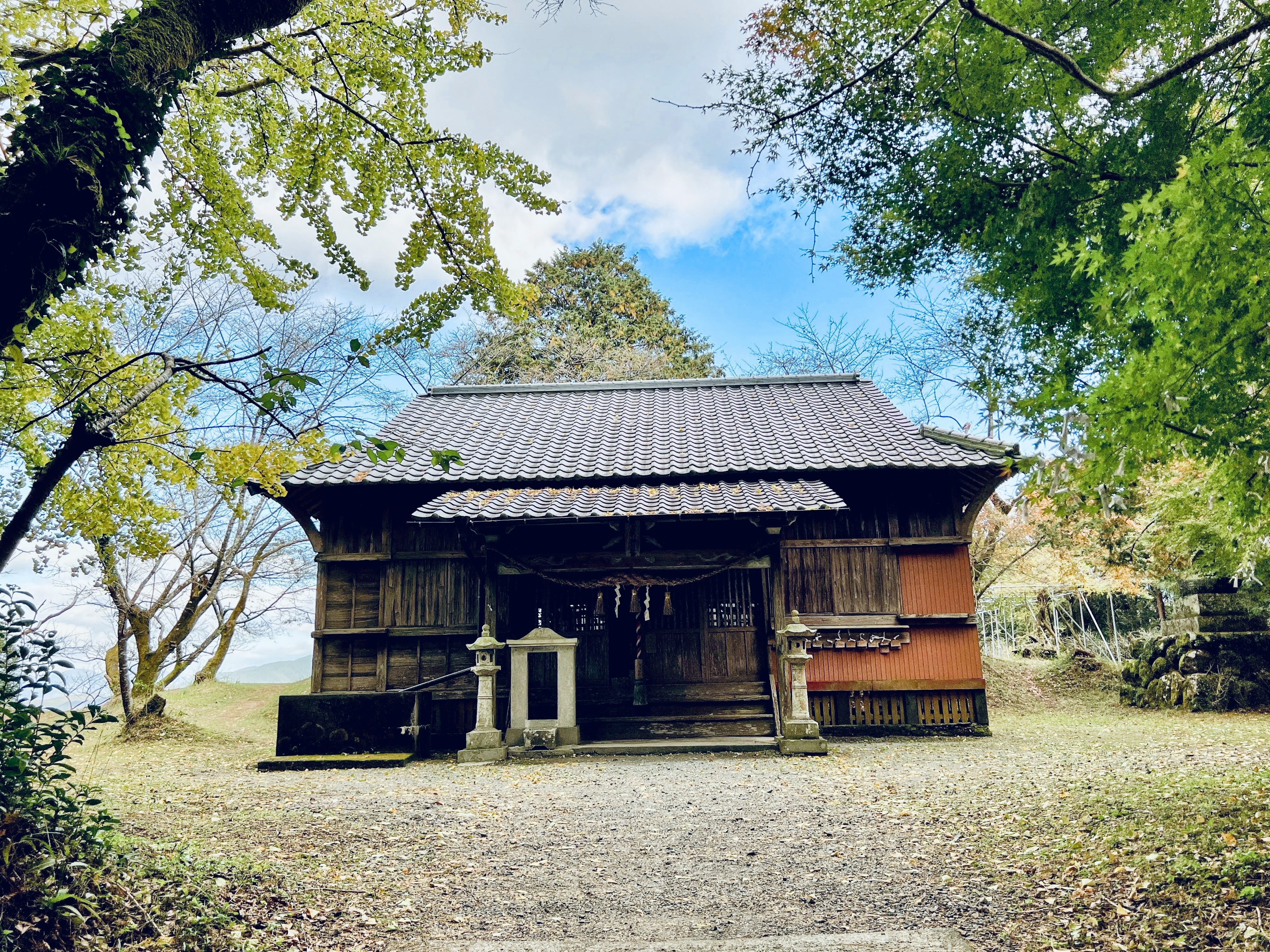 古い木造の神社が緑に囲まれている