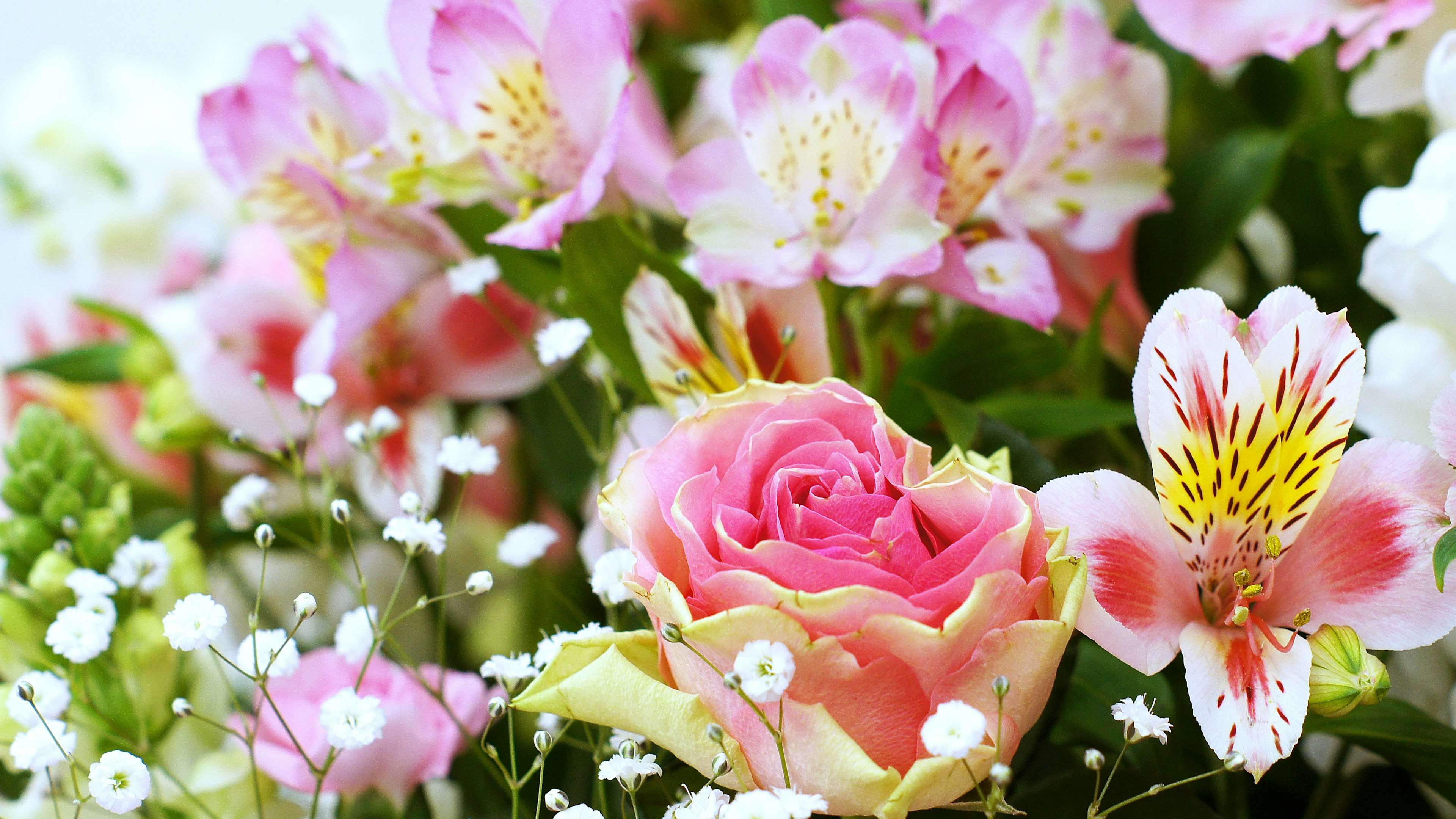 Schöner Blumenstrauß mit rosa Rosen und verschiedenen bunten Blumen