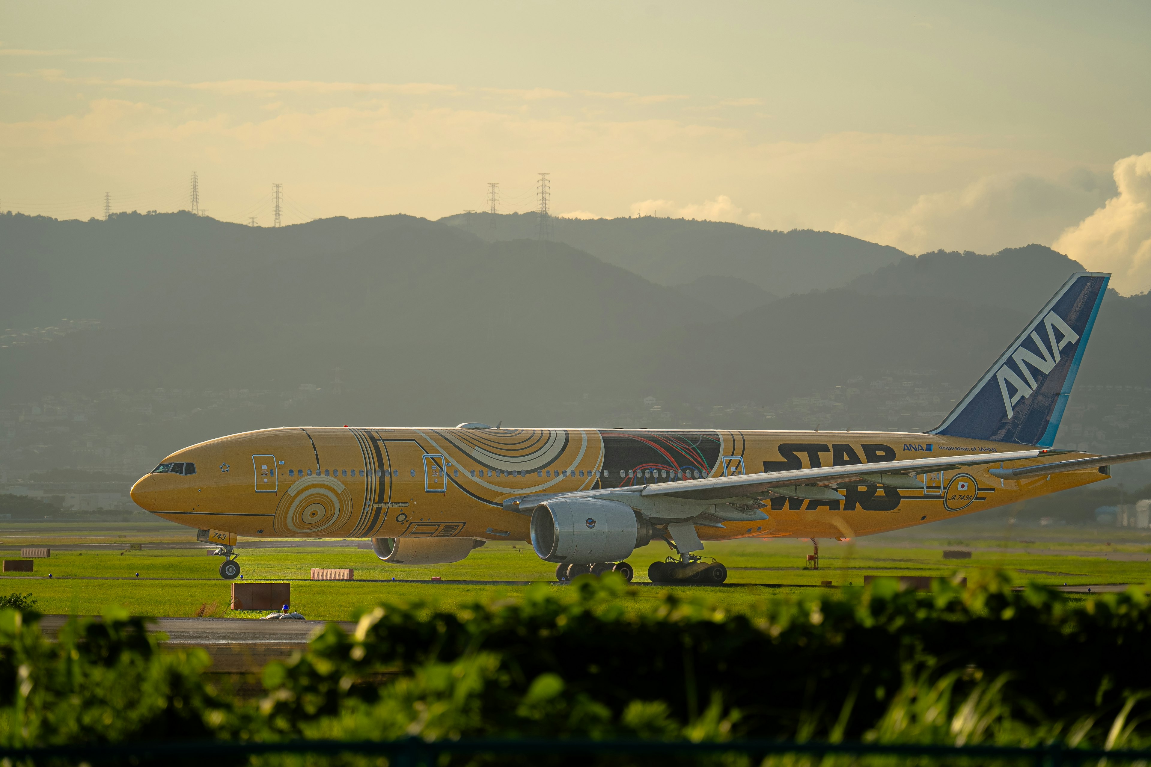 Avion de la livrée spéciale ANA sur la piste au coucher du soleil