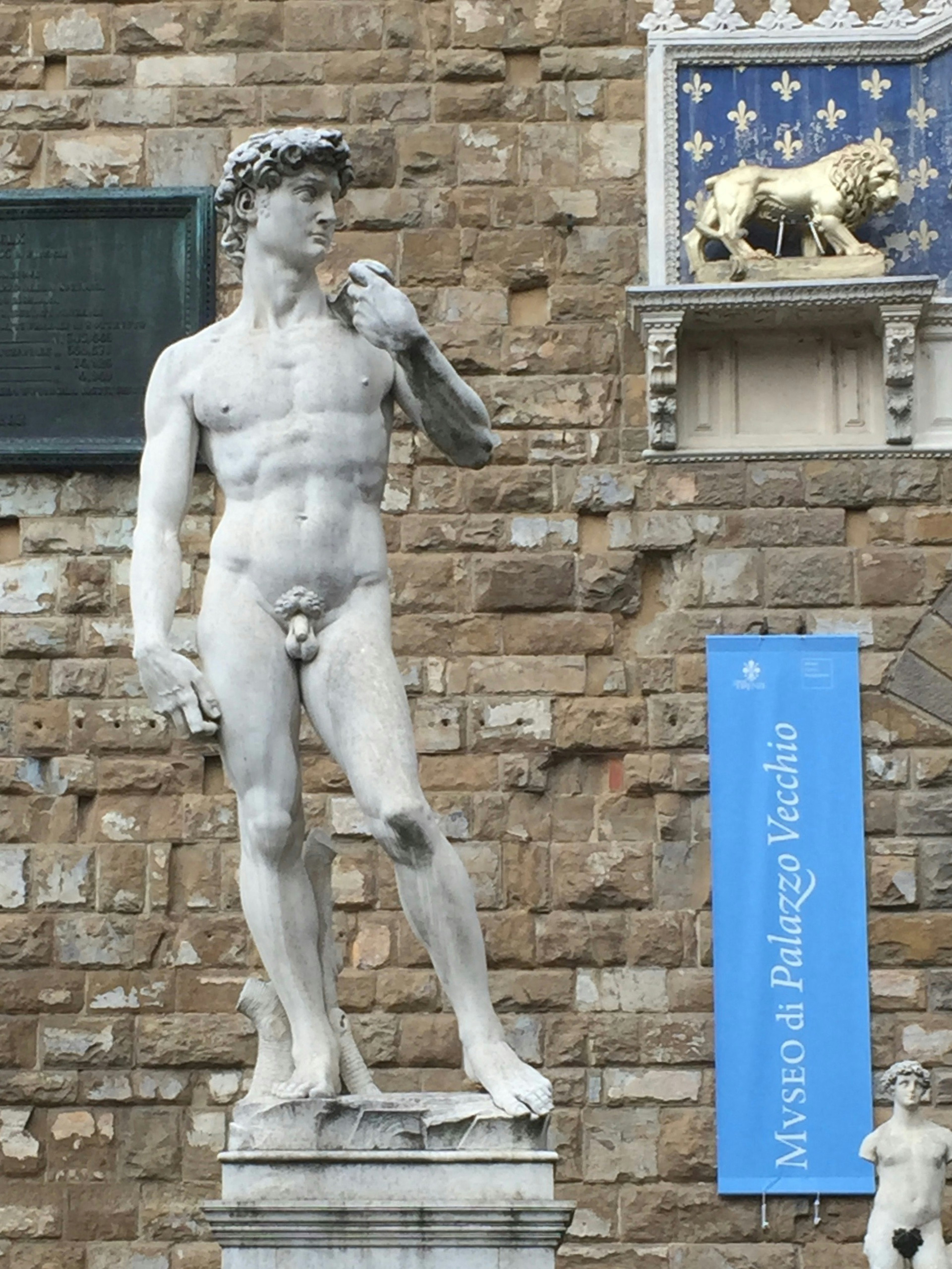 Statue of David standing against the wall in Florence