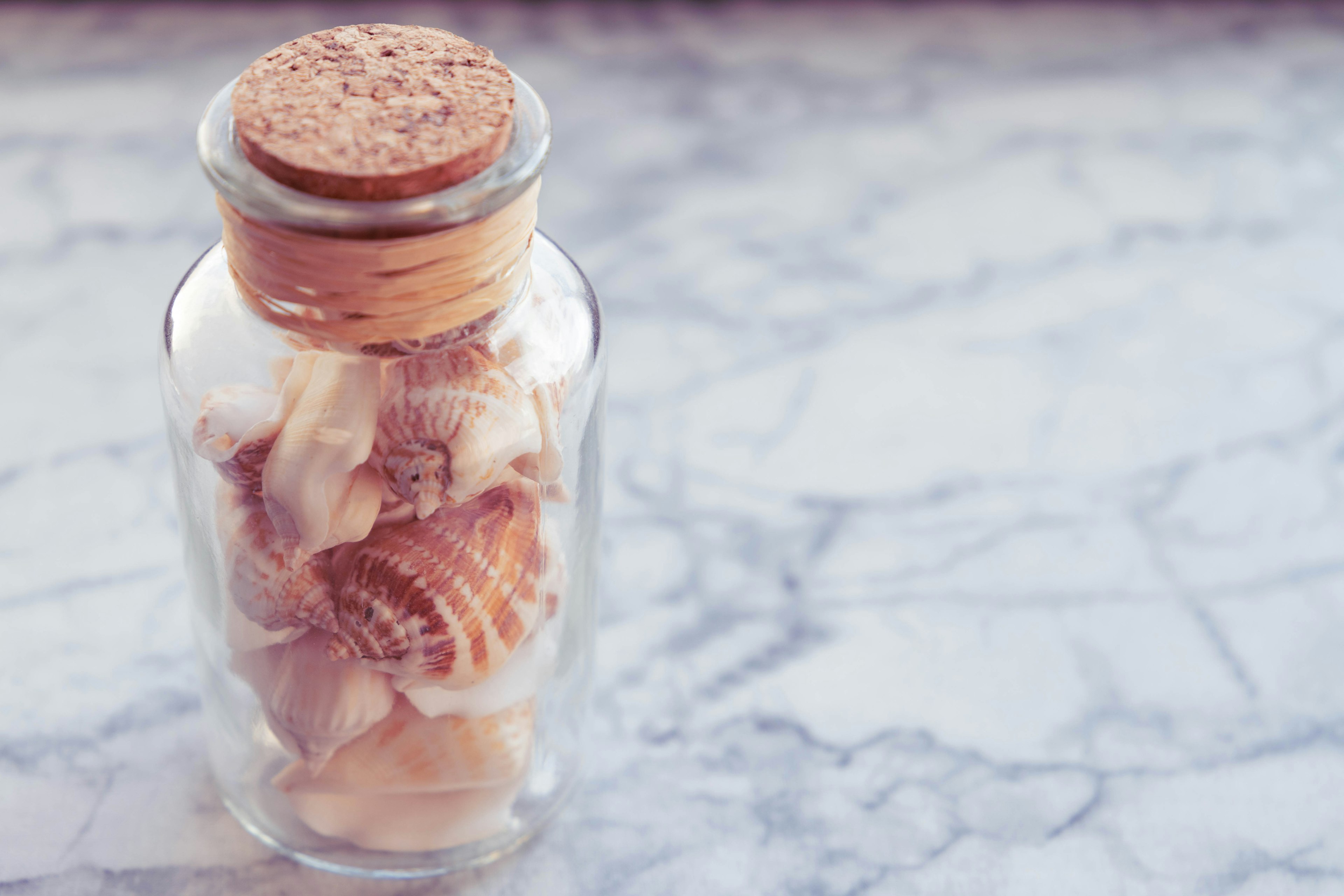 Glass jar filled with seashells and a cork lid